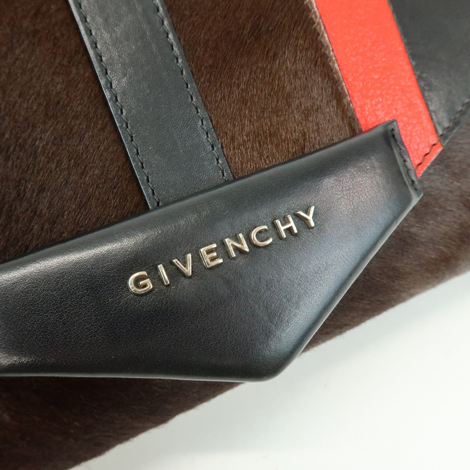 GIVENCHY Pony Hair Leather Clutch Bag Flat Pouch Brown Red TE0142