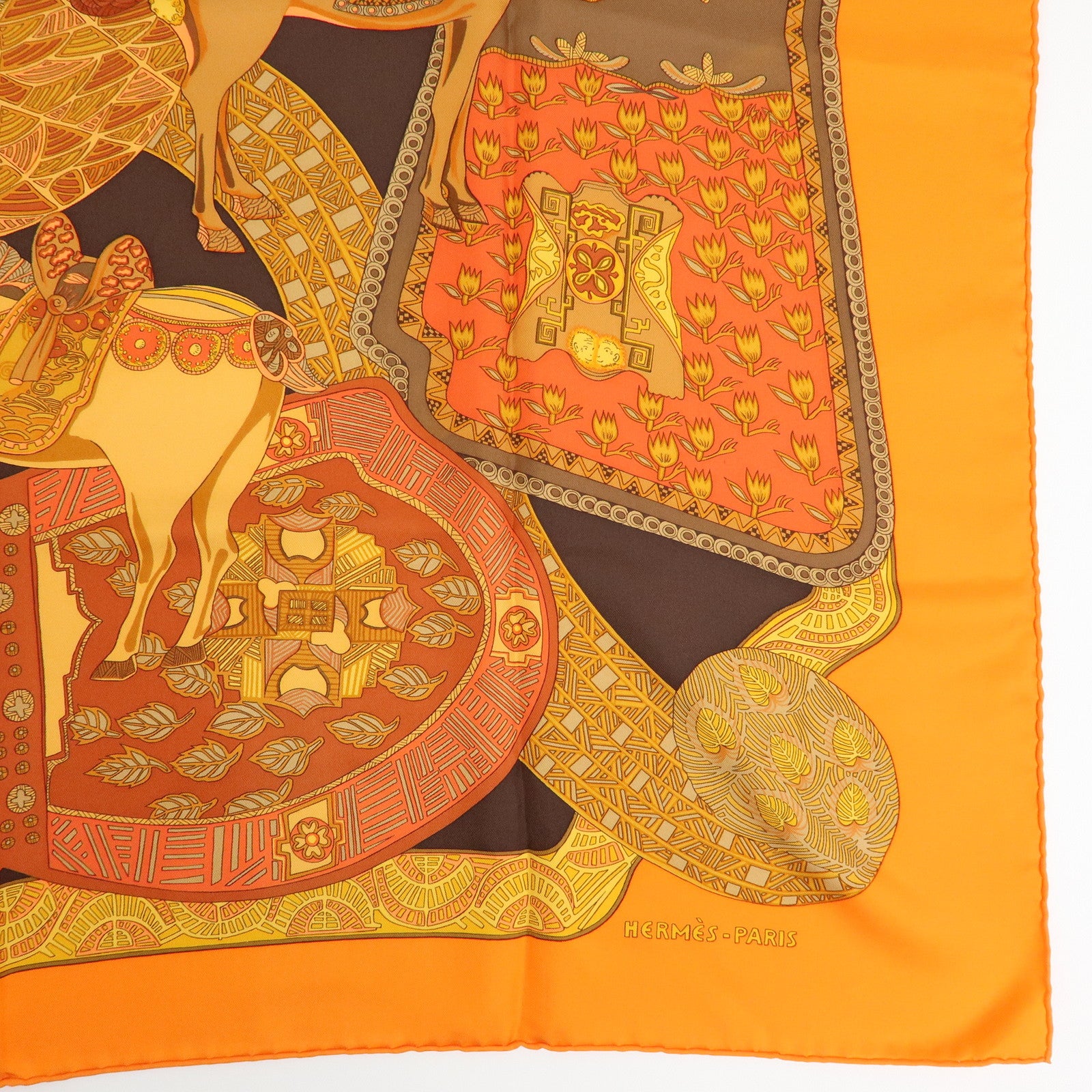 HERMES Carre 90 Silk 100% Scarf ART des STEPPES Horse Print Orange