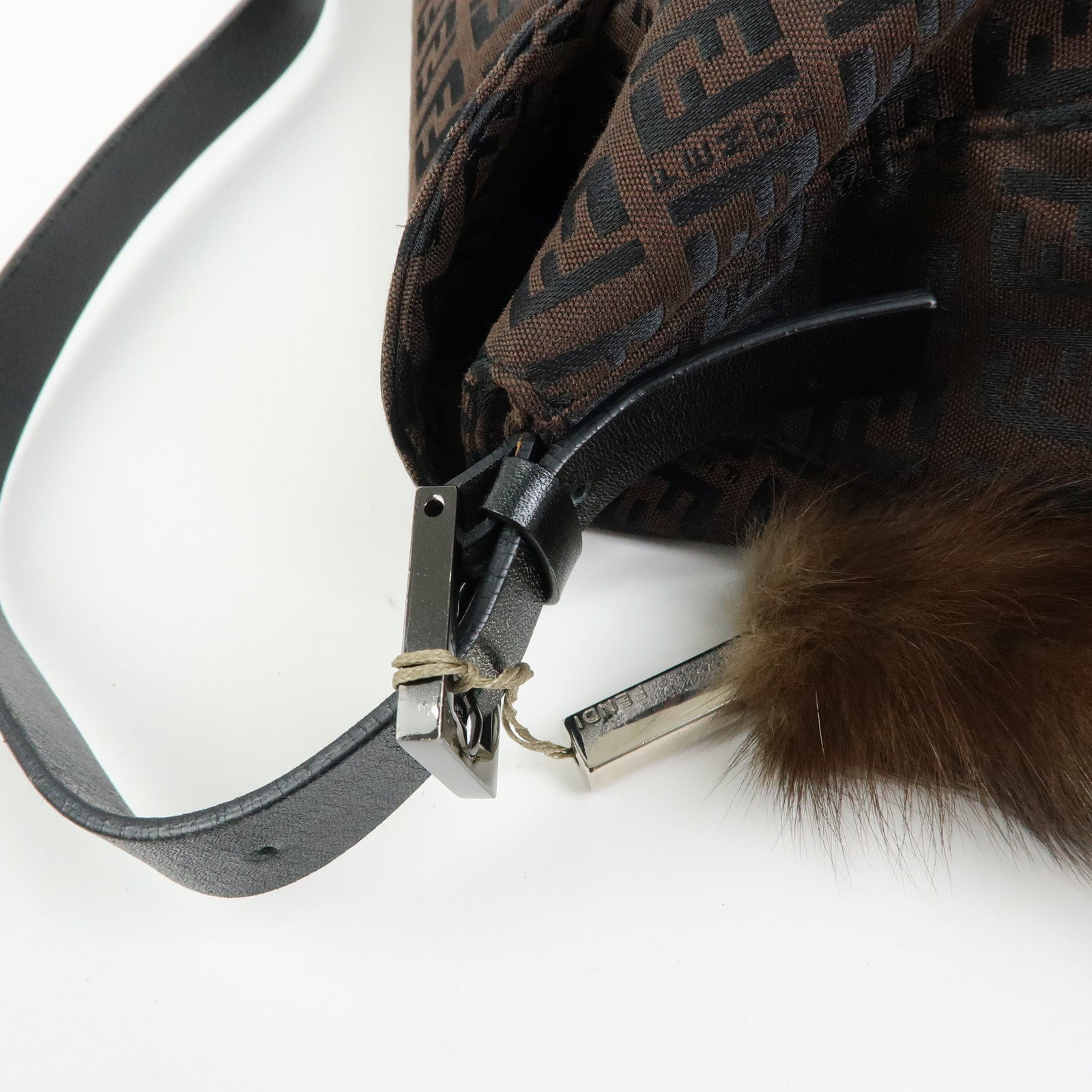 FENDI Zucchino Canvas Leather Shoulder Bag Hand Bag Brown Black 8BN003