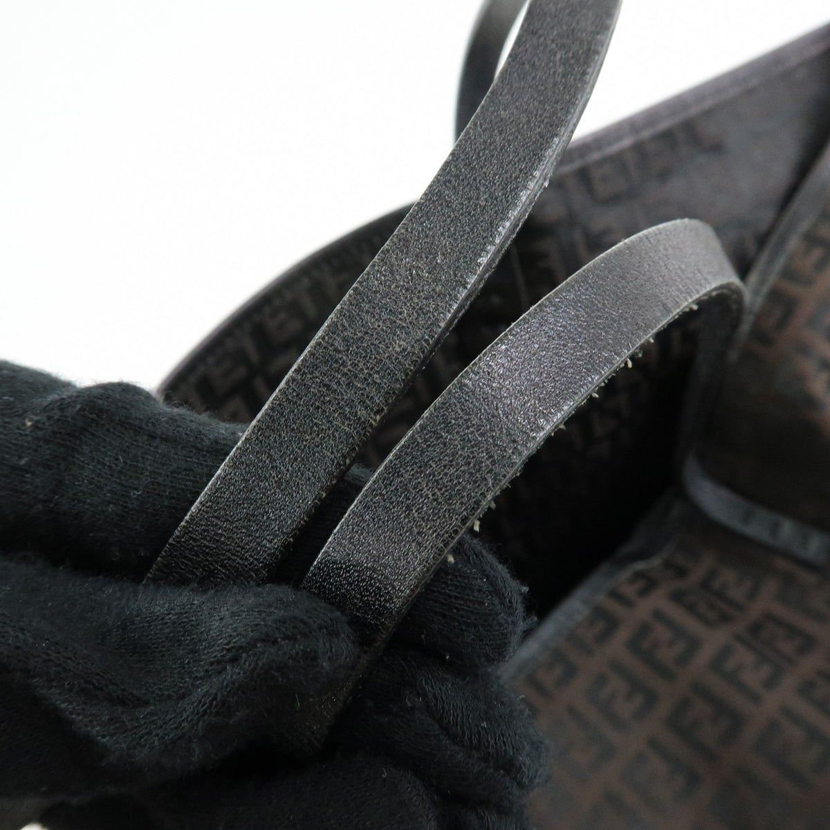 FENDI Zucchino Canvas Leather Tote Bag Black Brown