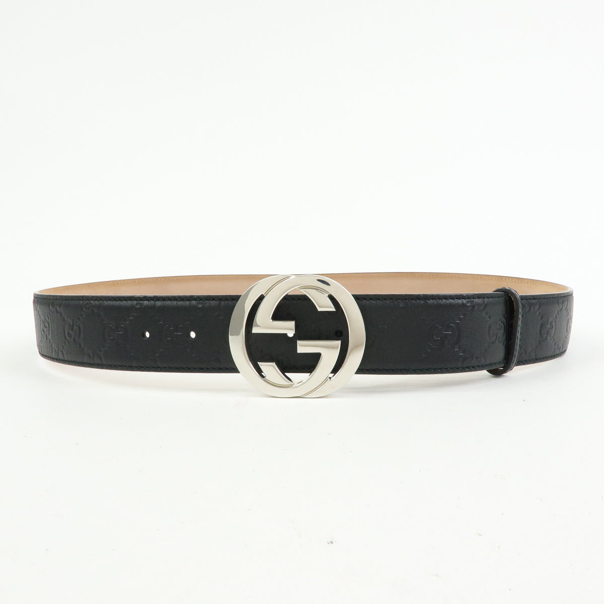 GUCCI Interlocking G Guccissima Leather Belt Black Silver 114984