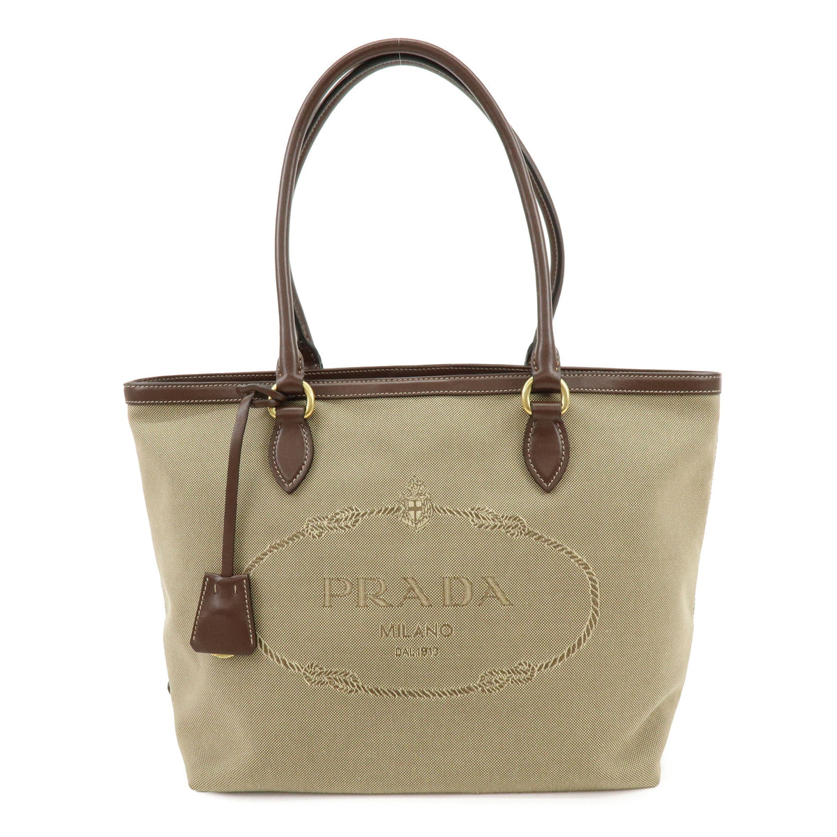 PRADA Logo Jacquard Canvas Leather Shoulder Tote Bag Beige Brown 1BG159