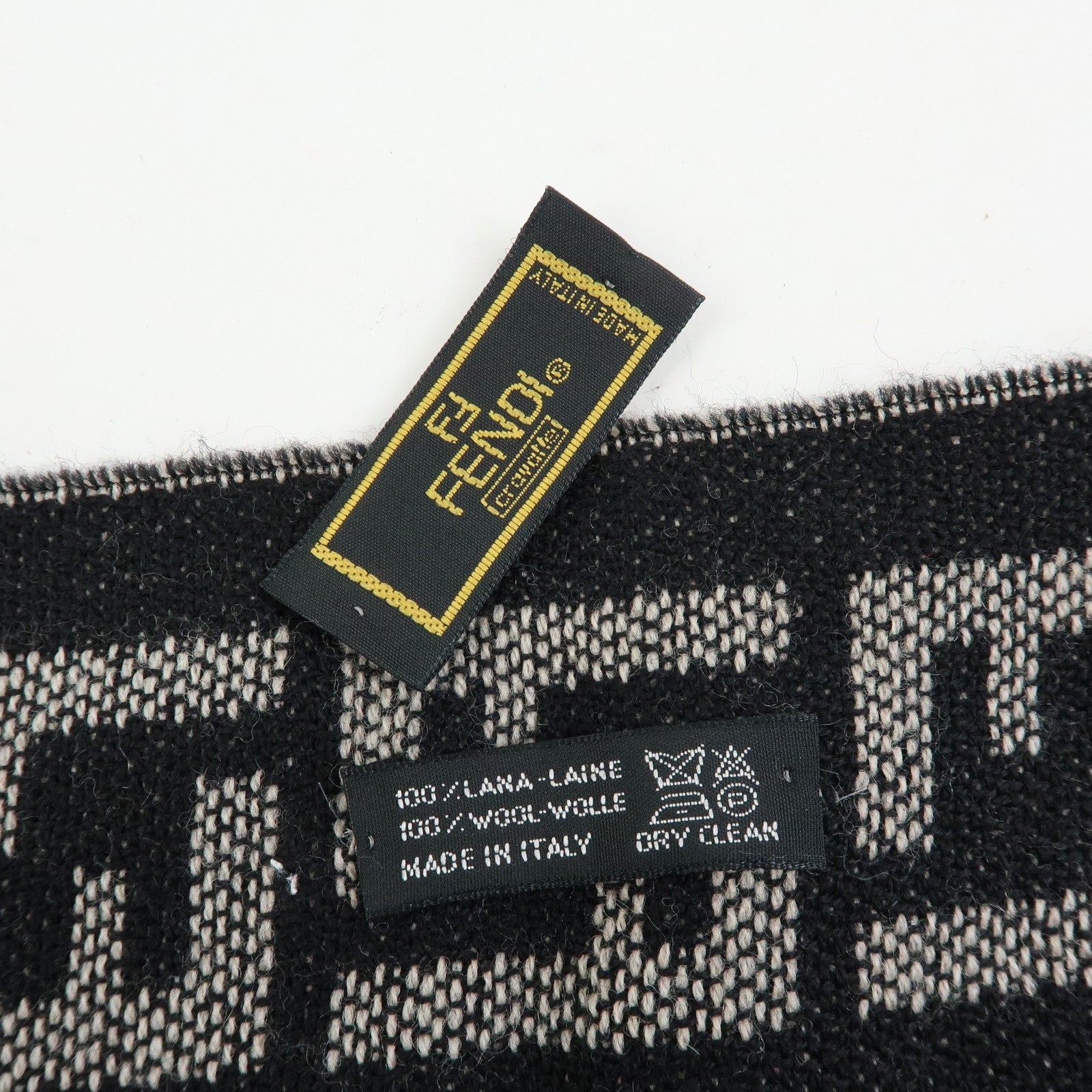 FENDI Zucca Wool 100% Striped Scarf Stole Black Gray