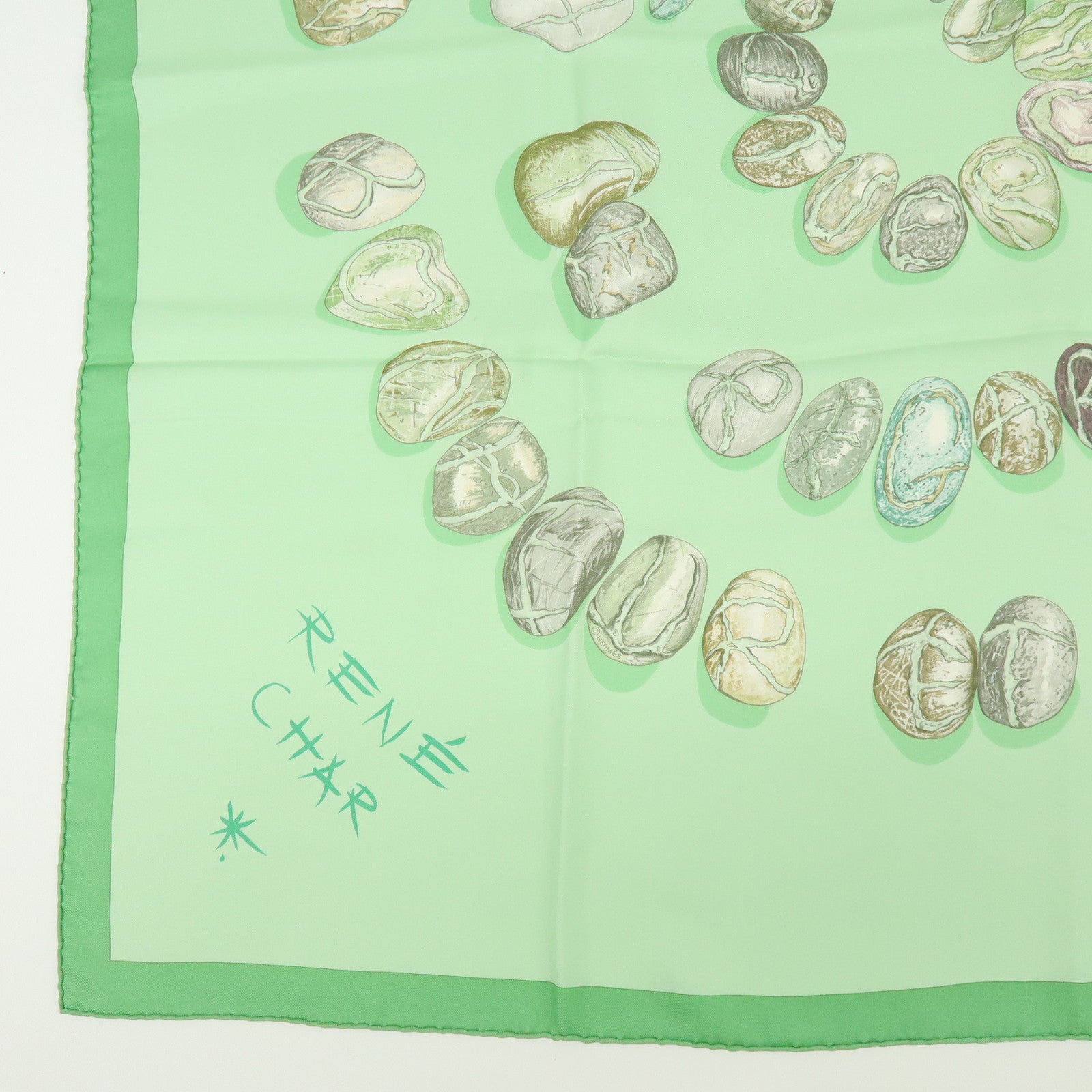 HERMES Carre 90 Silk 100% Scarf APHORISME Pebble Motif Light Green Gray