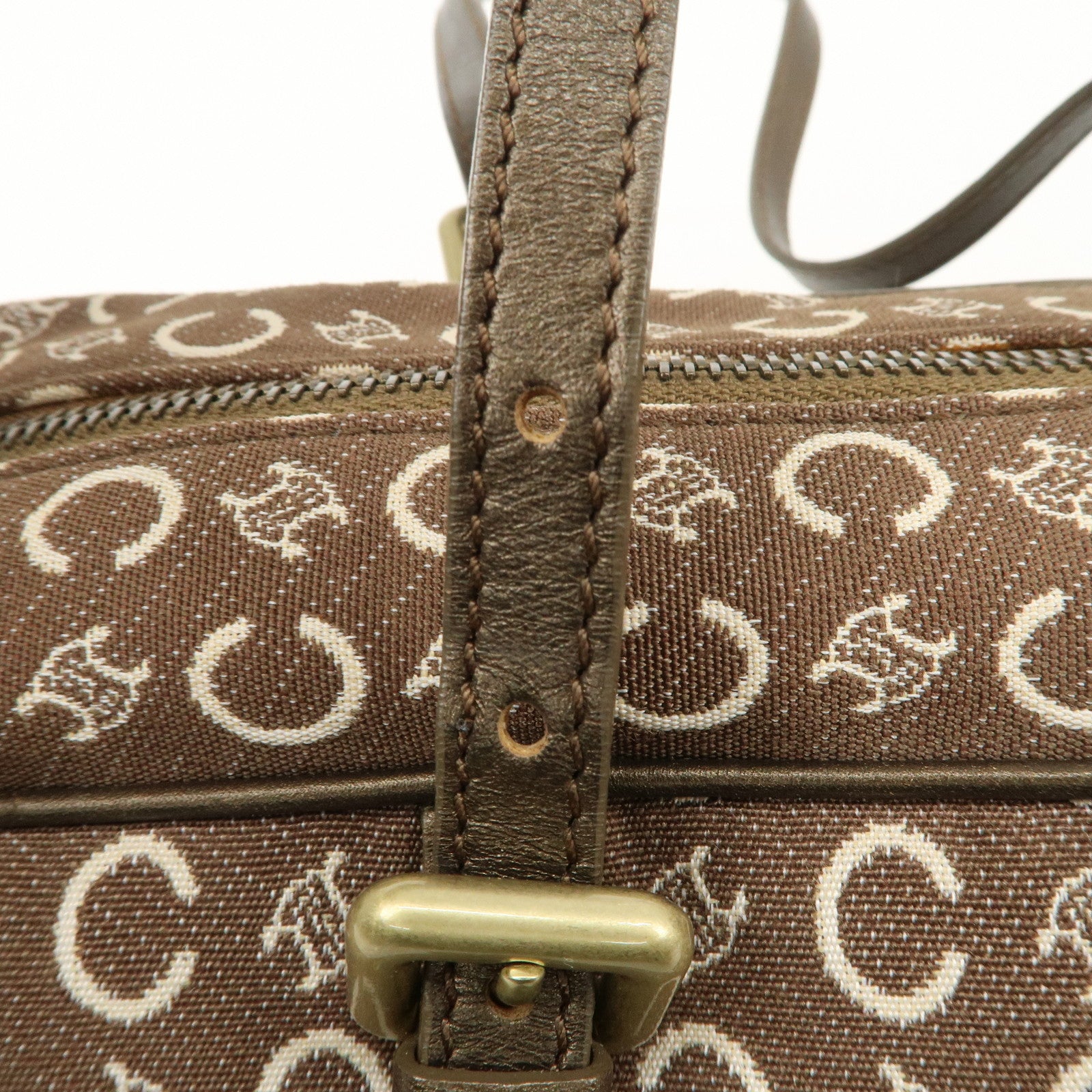 CELINE C Macadam Canvas Leather Boston Bag Hand Bag Brown White Used
