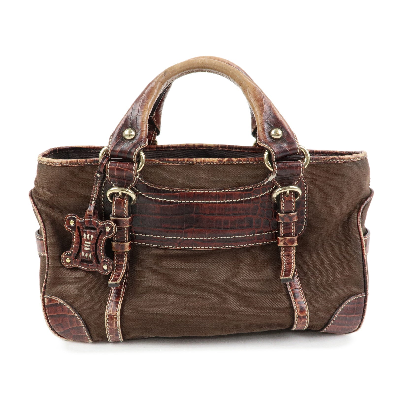 CELINE Boogie Bag Canvas Embossed Leather Hand Bag Tote Bag Brown