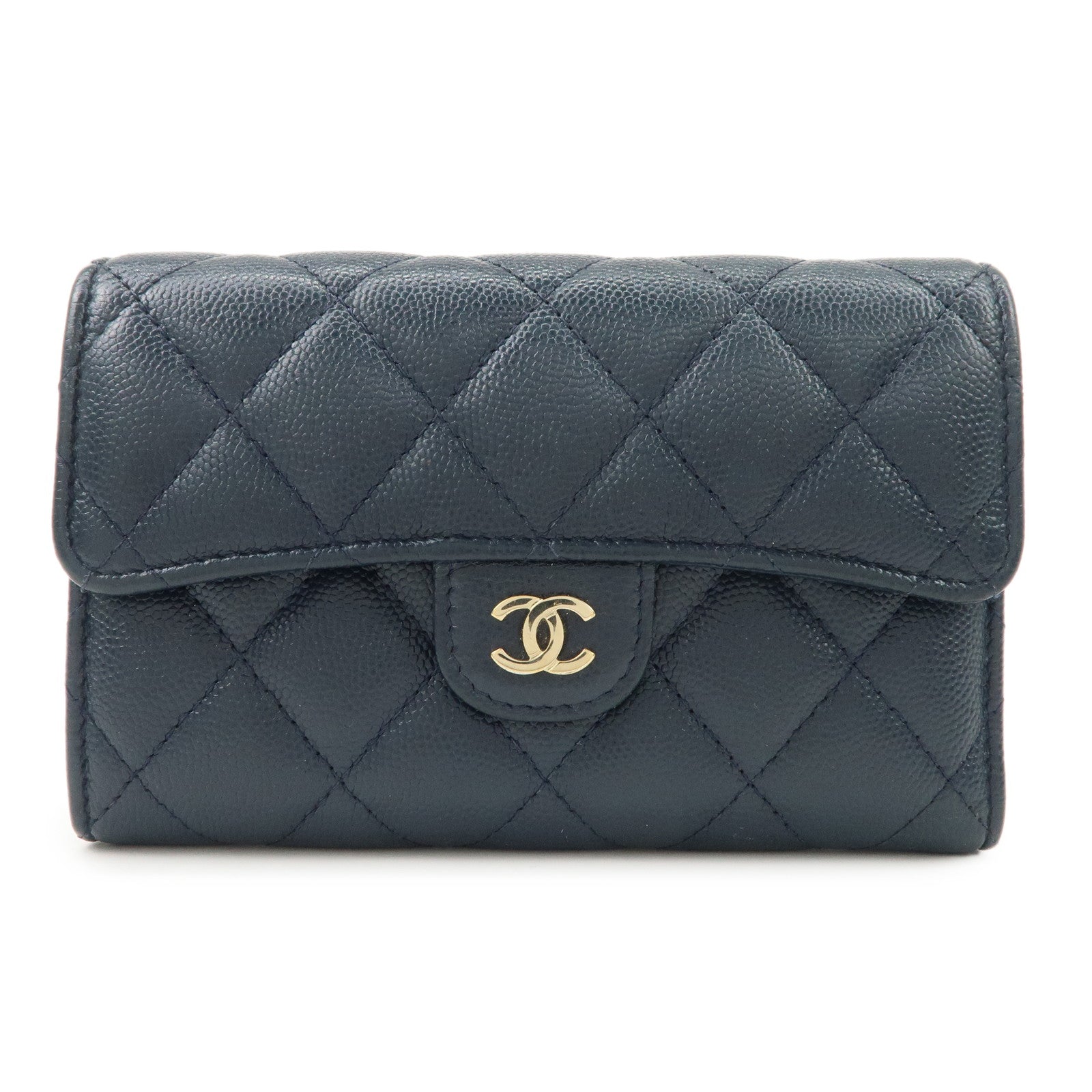 CHANEL Matelasse Caviarskin Tri-fold Wallet Small Wallet Navy AP0232 Used