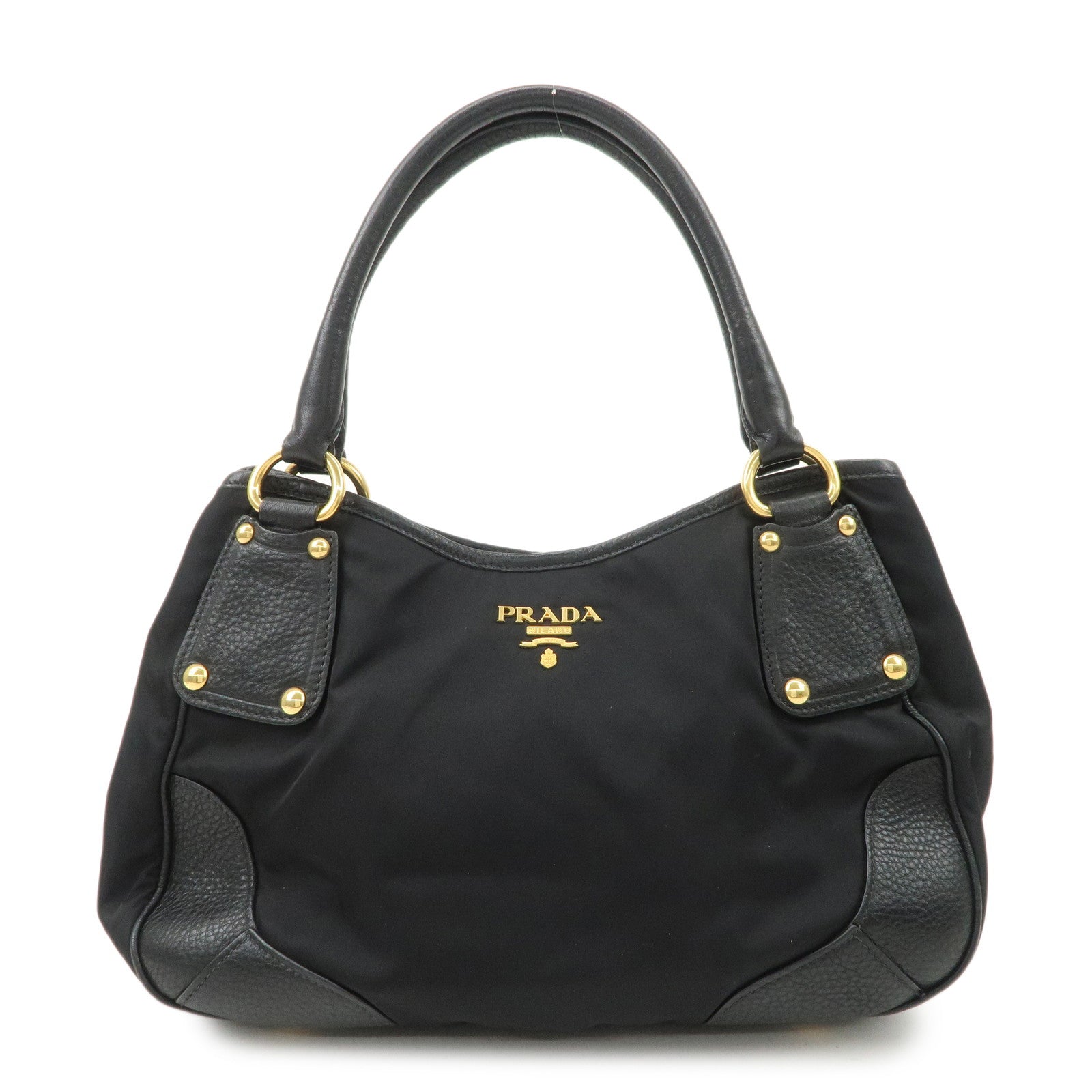 PRADA Nylon Leather Tote Bag Shoulder Bag Black Gold HDW BR4635 Used