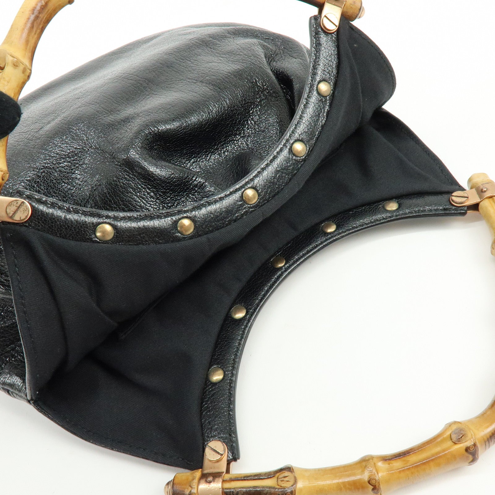GUCCI Bamboo Leather Studs Hand Bag Tote Bag Black