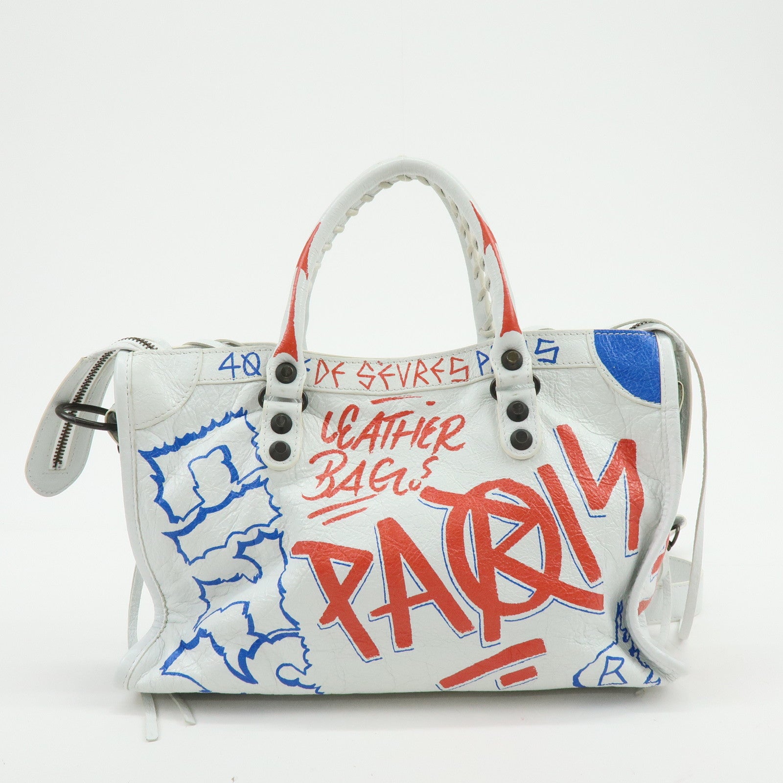 BALENCIAGA City Graphiti Classic Leather 2Way Bag Hand Bag White 431621
