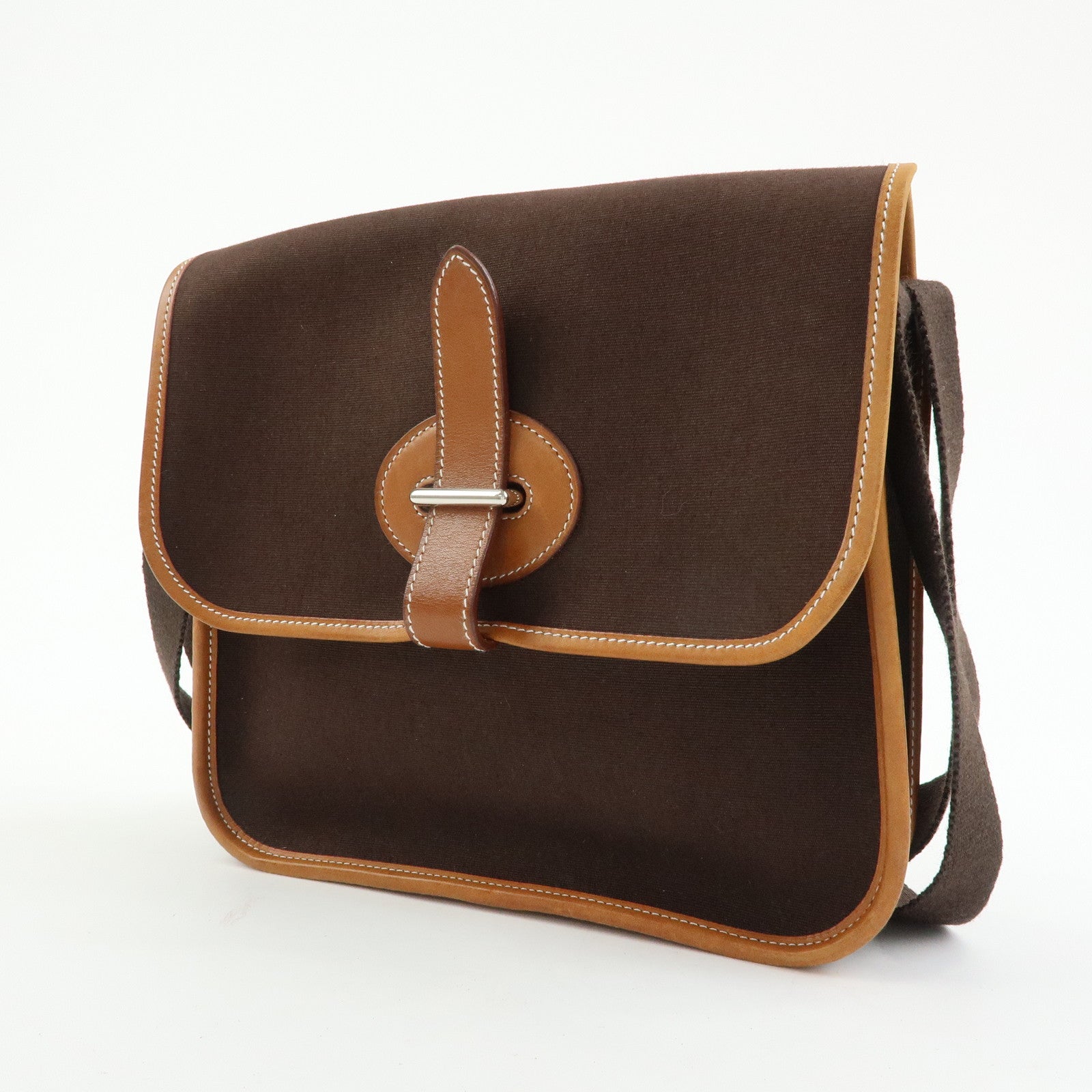 HERMES Buenaventura PM Toile Officier Leather Shoulder Bag Dark Brown