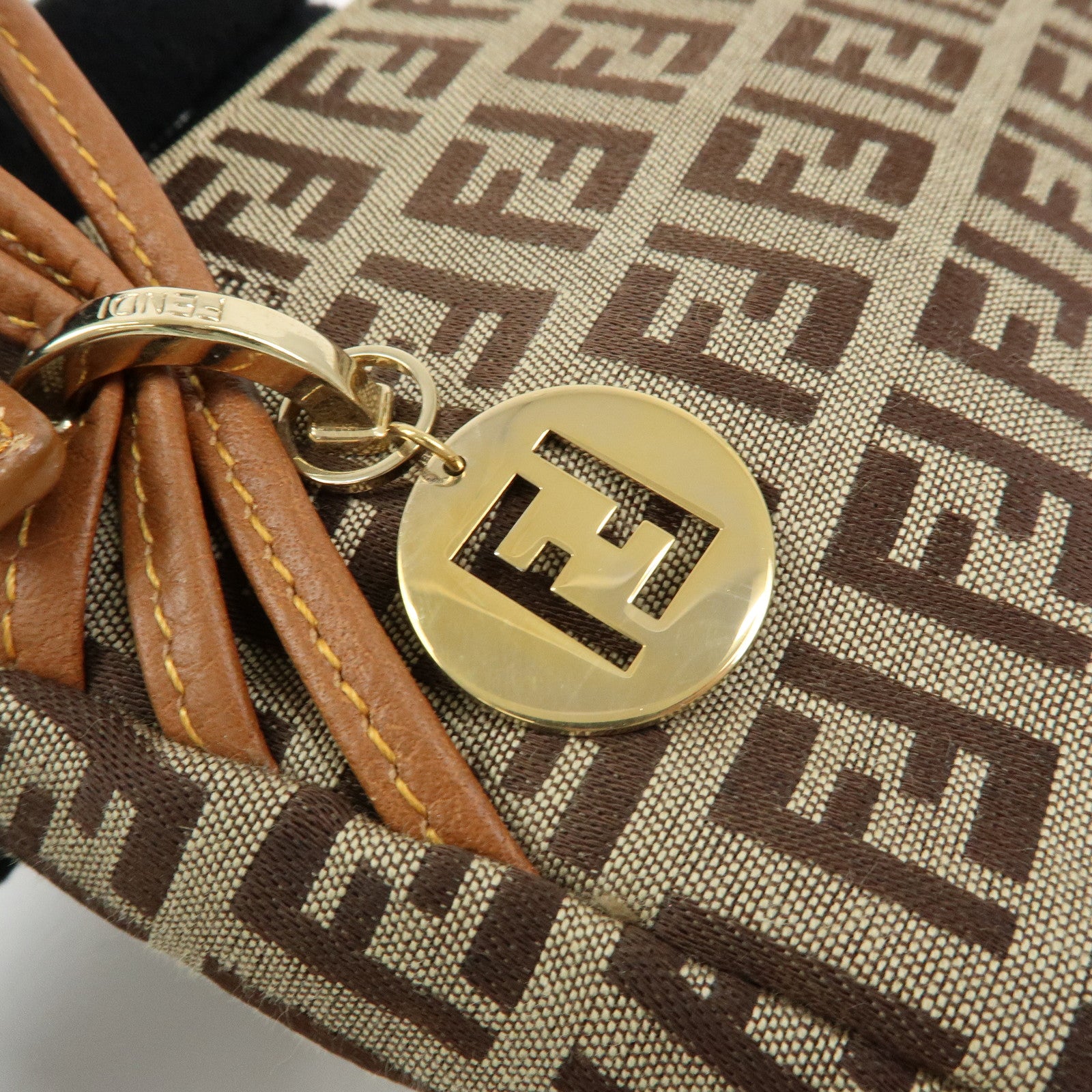FENDI Zucchino Canvas Leather Hand Bag Accessory Pouch Beige 8BR513