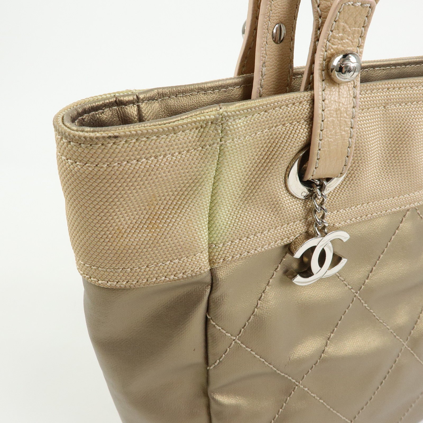 CHANEL Paris Biarritz PM Coated Canvas Leather Tote Bag Gold A34208