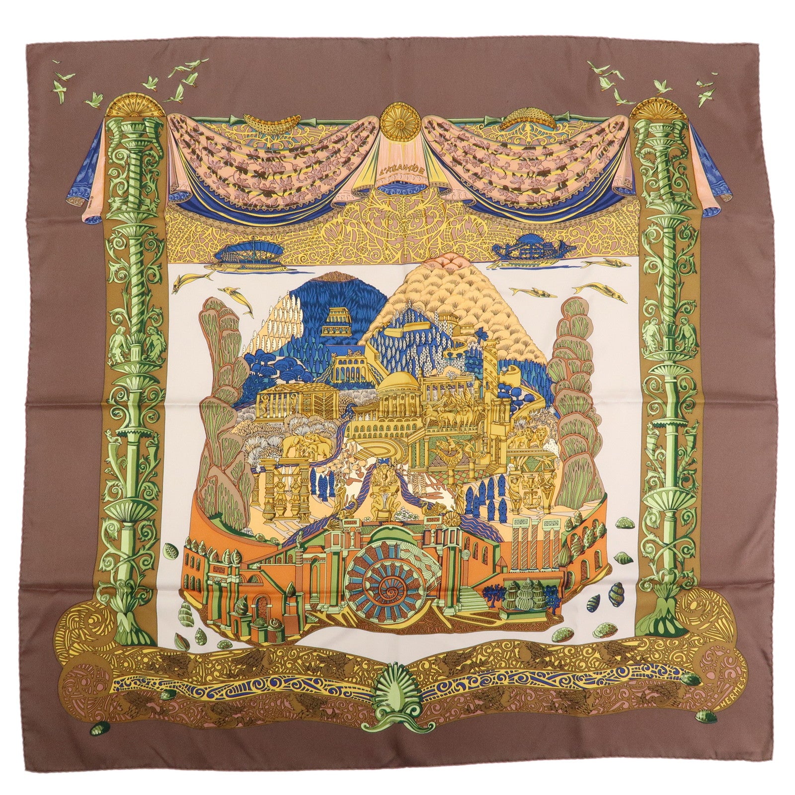 HERMES Carre 90 Silk 100% Scarf L ATLANTIDE Brown Blue Gold