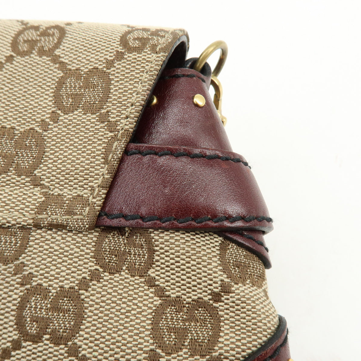 GUCCI Horsebit GG Canvas Leather Chain Hand Bag Brown Bordeaux 119186