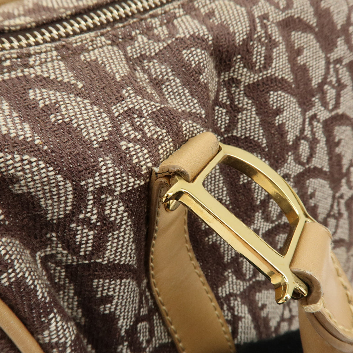 Christian Dior Trotter Jacquard Canvas Leather Boston Bag Brown Beige