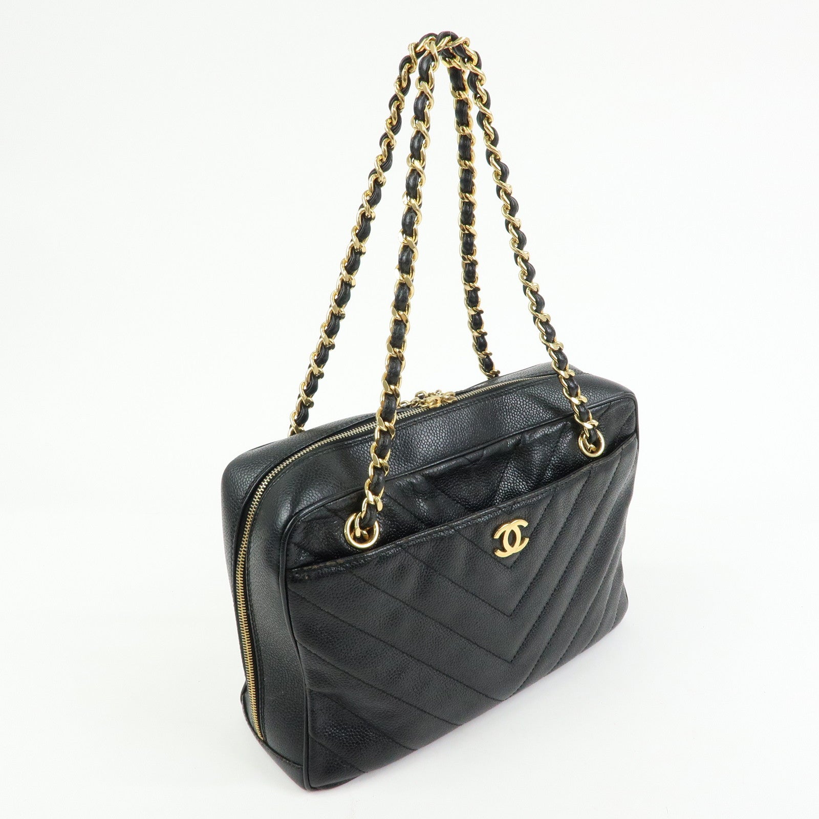 CHANEL Chevron COCO Mark Caviarskin Chain Shoulder Bag Black