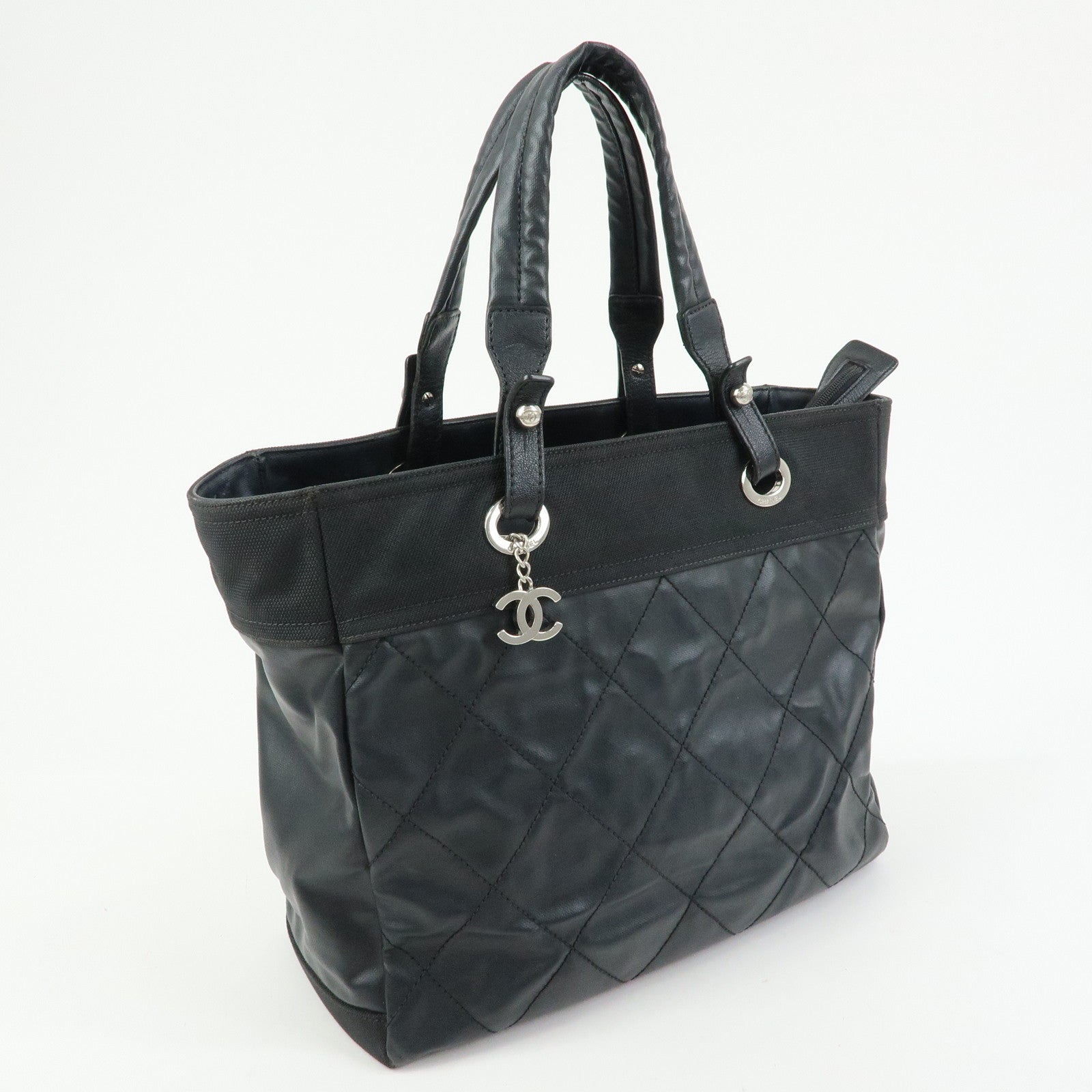 CHANEL PVC Leather Paris Biarritz Tote Bag Hand Bag MM Black A34209