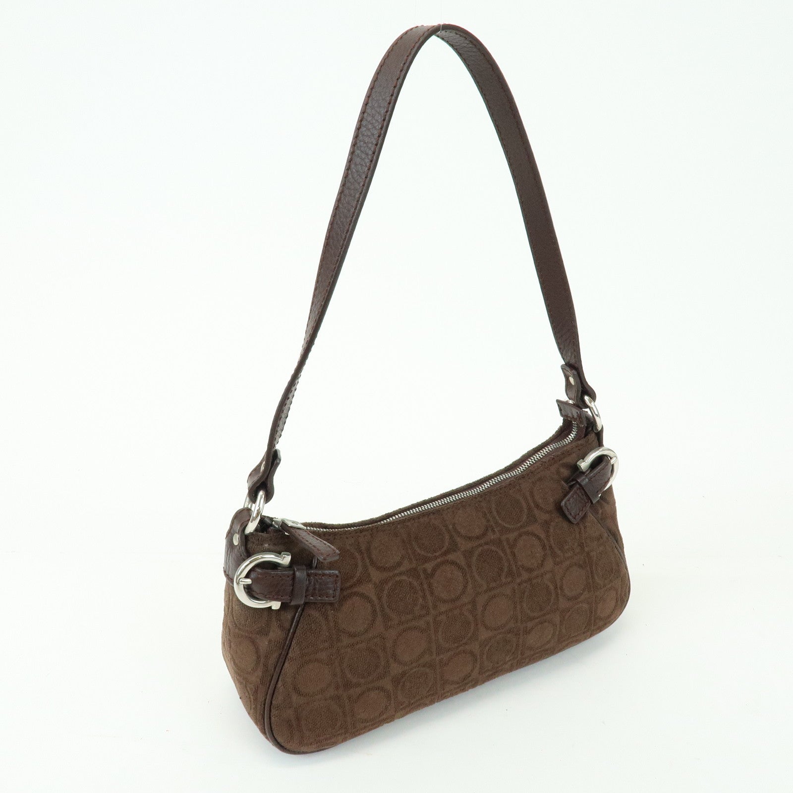 Ferragamo Gancini Pile Leather Shoulder Bag Hand Bag Dark Brown