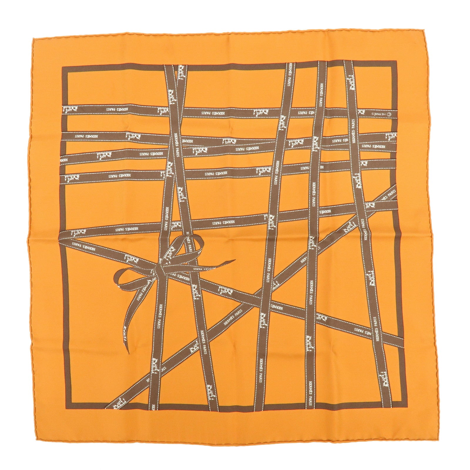 HERMES Carre 45 Bolduc Silk 100% Scarf Ribbon Pattern Orange Brown