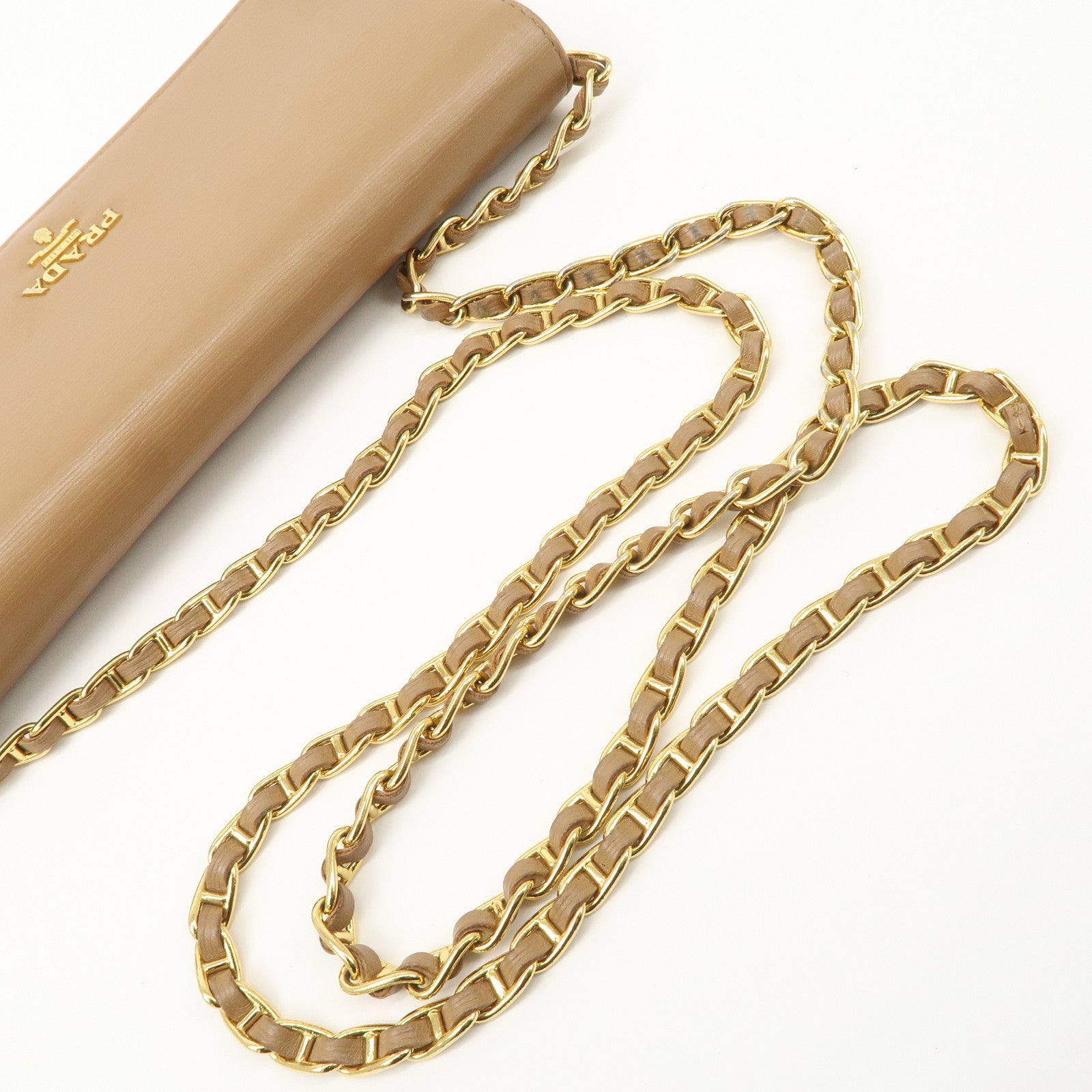 PRADA Logo Leather Chain Wallet WOC Beige Gold Hardware 1MT290 Used
