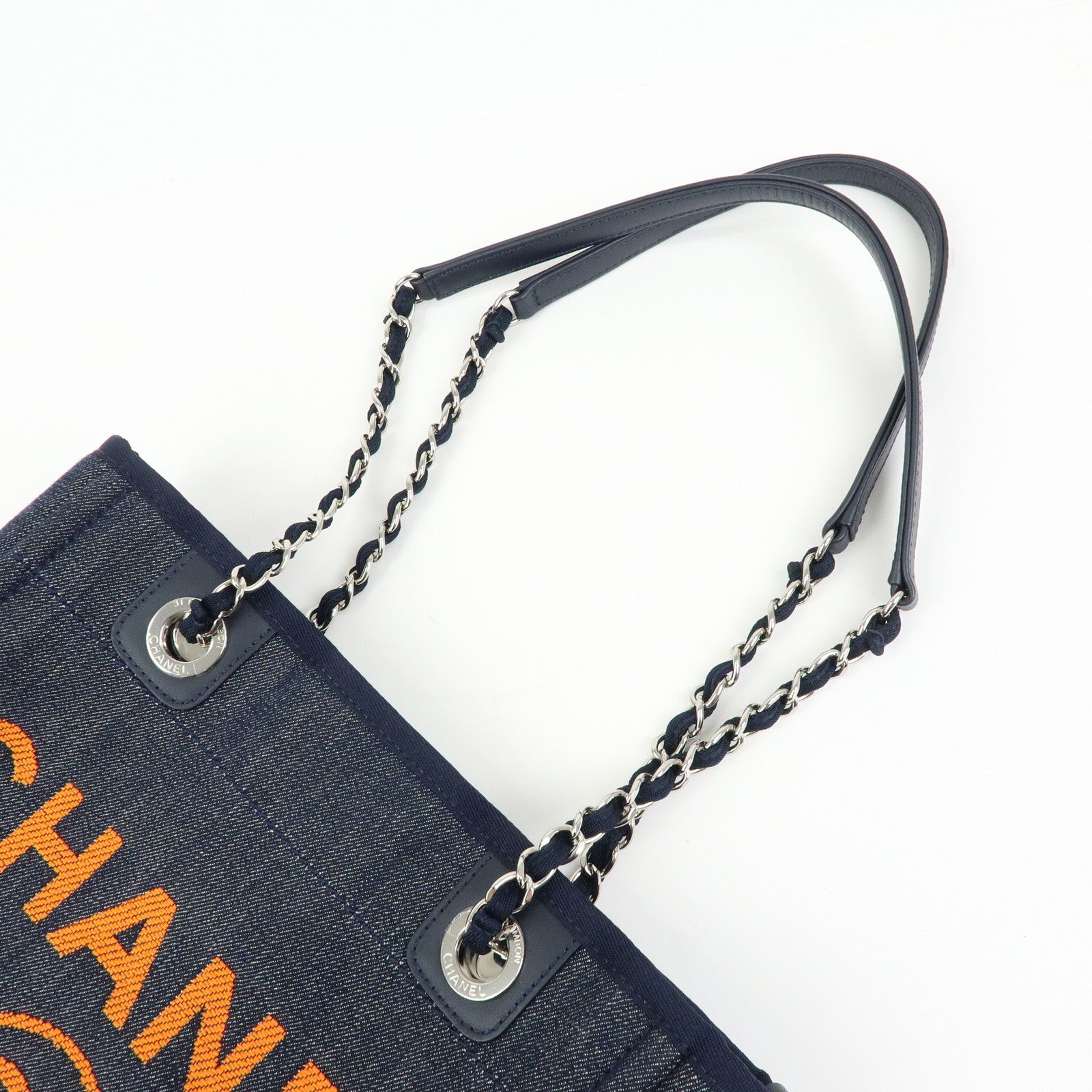 CHANEL Deauville PM Denim Calf Leather Chain Tote Bag Indigo A66939