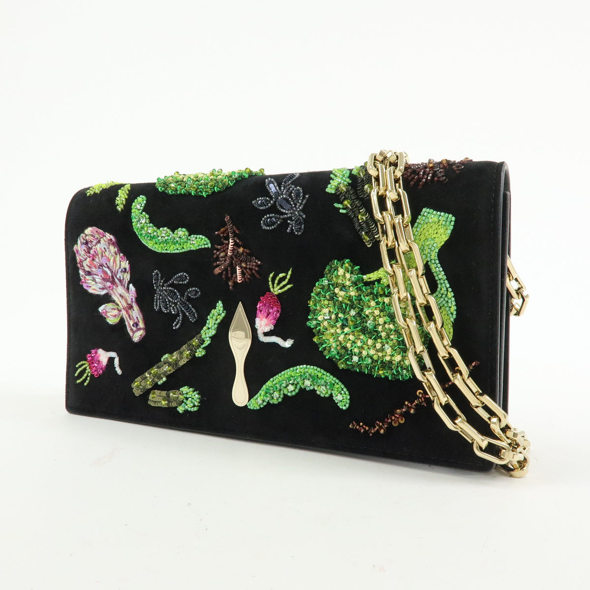 Christian Louboutin Suede Bettina Chain Shoulder Bag Black Green Purple