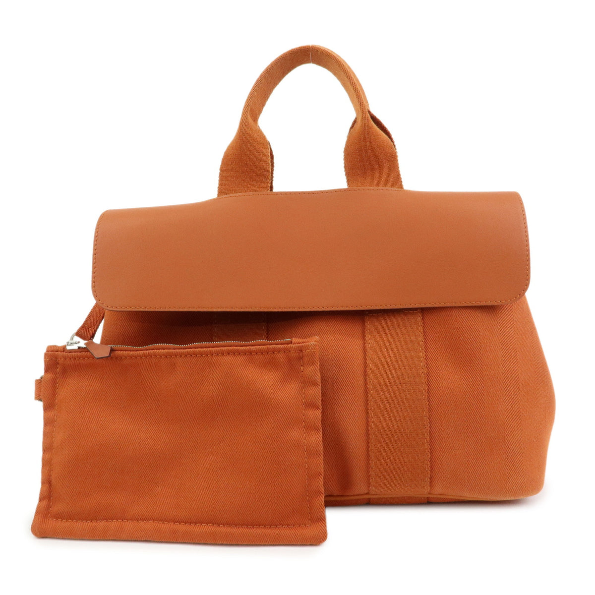 HERMES Valparaiso MM Toile Chevron Leather Tote Bag Hand Bag Orange