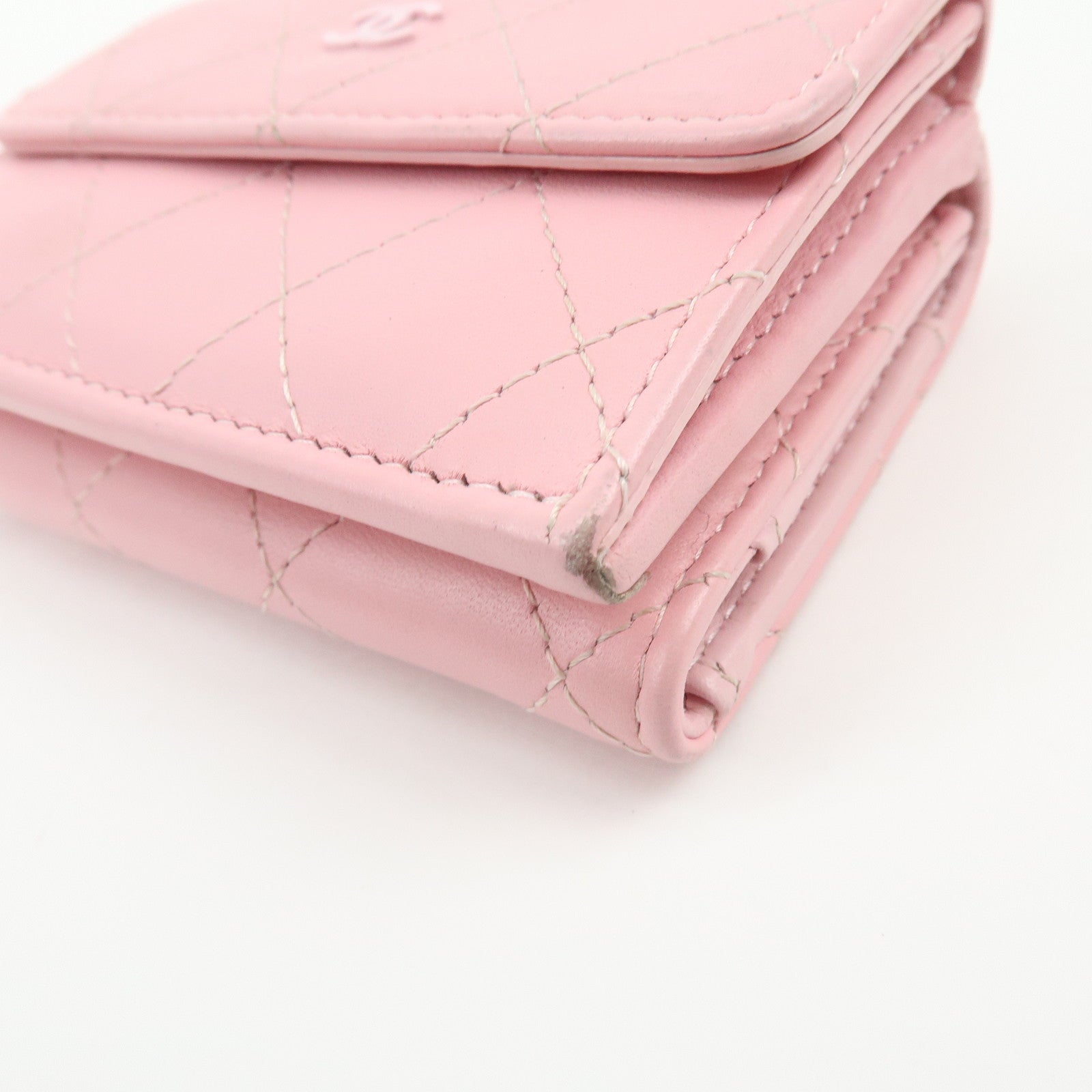 CHANEL COCO Mark Wild Stitch Calf Skin Tri-Fold Compact Wallet Pink