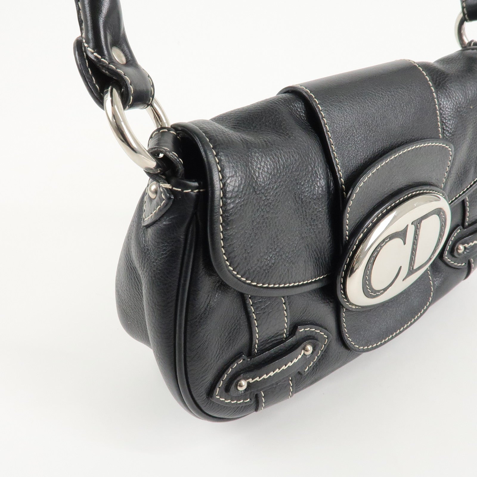 Christian Dior CD Logo Leather Shoulder Bag Hand Bag Black Used