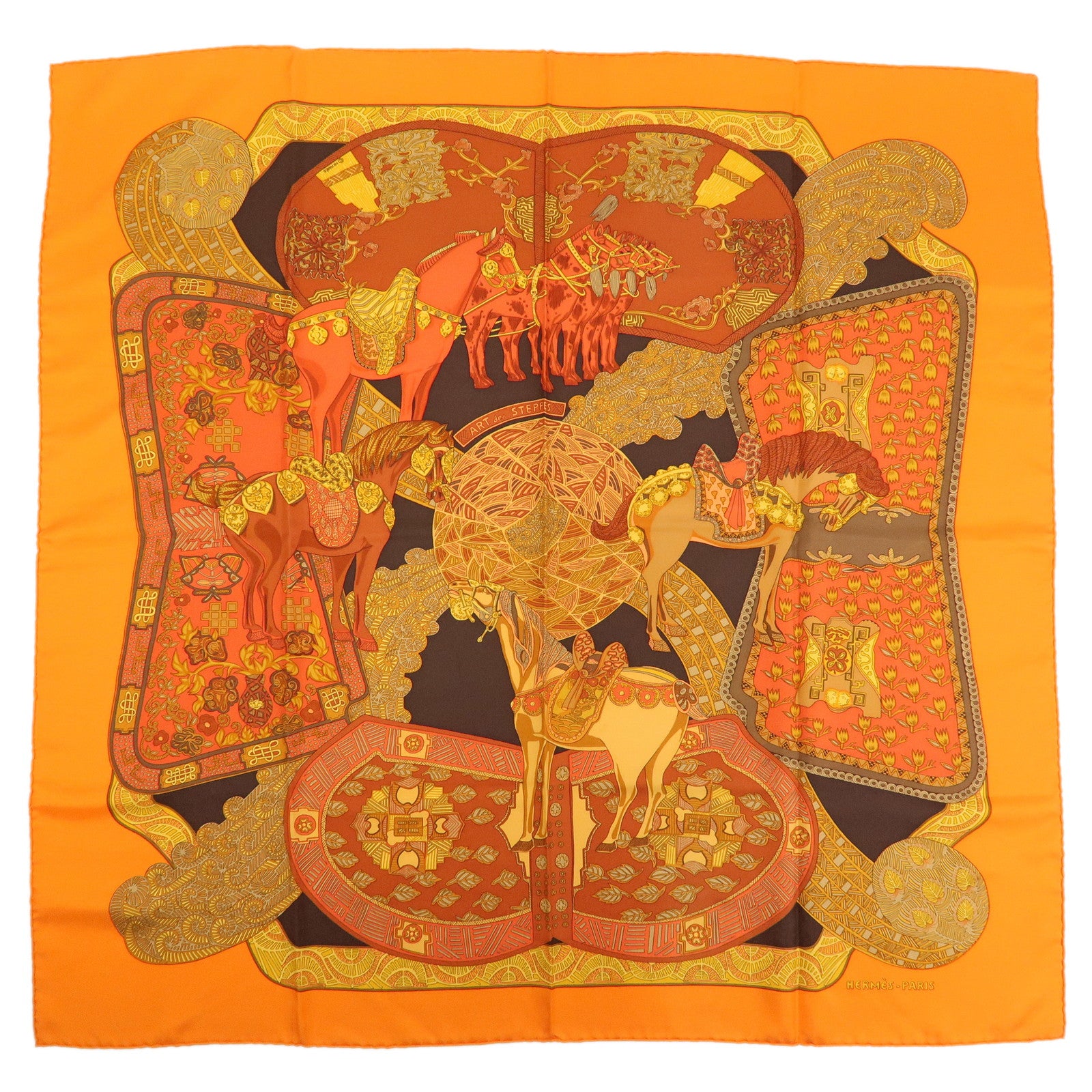 HERMES Carre 90 Silk 100% Scarf ART des STEPPES Horse Print Orange
