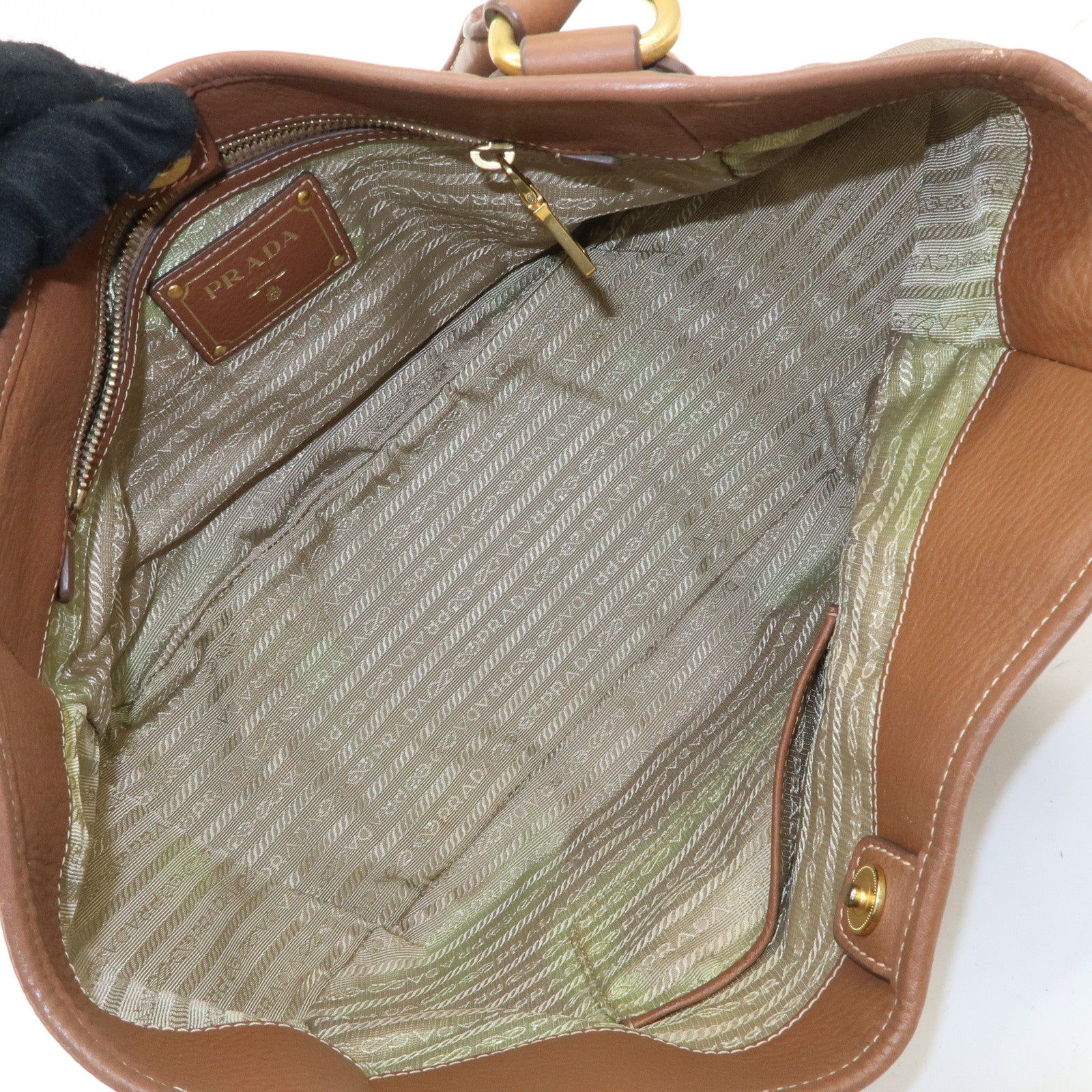 PRADA Logo Jacquard Leather Tote Bag Hand Bag Brown BR4635 Used