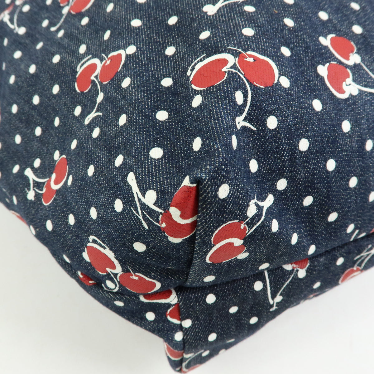 MIU MIU Denim 2Way Bag Tote Shoulder Bag Dots Cherry Print Blue 5BG108
