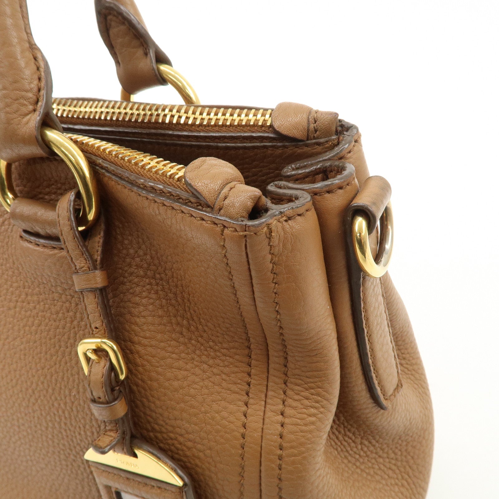 PRADA Logo Leather 2WAY Tote Bag Hand Bag Brown Gold Hardware Used