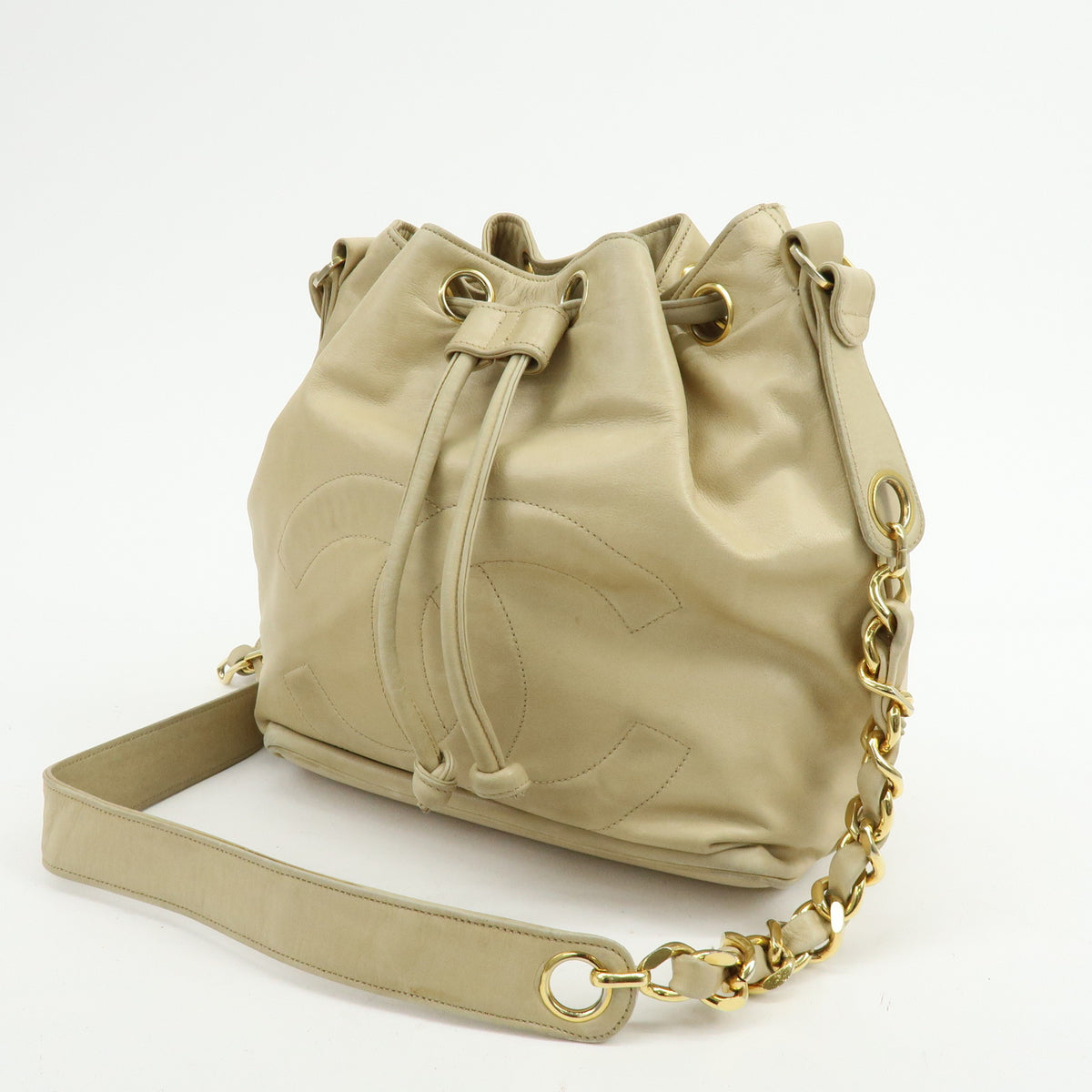 CHANEL Lamb Skin Bucket Chain Shoulder Bag Beige A01349