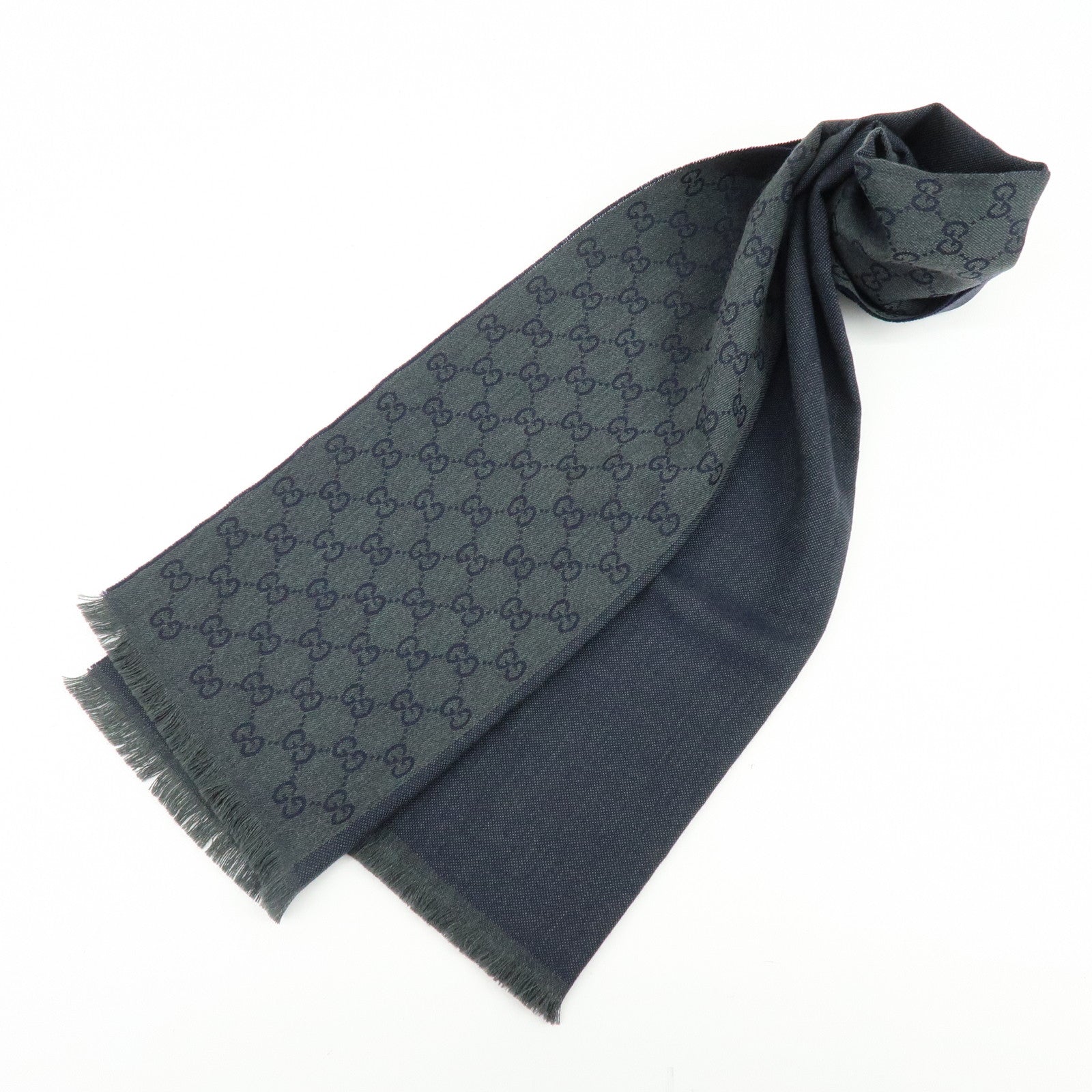 GUCCI GG Monogram Wool100% Scarf Stole Navy Dark Green