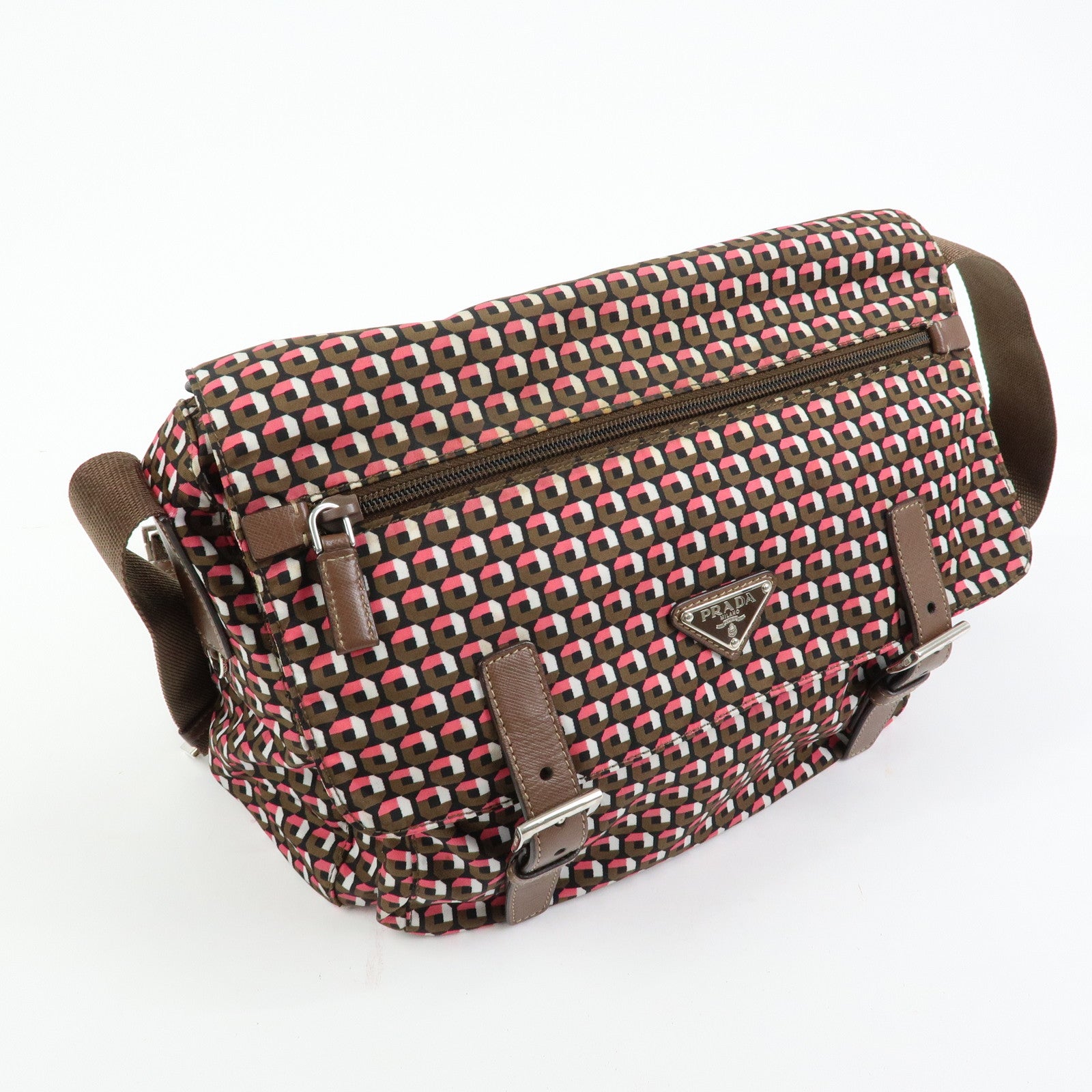 PRADA Triangle Logo Nylon Leather Shoulder Crossbody Bag Brown Pink