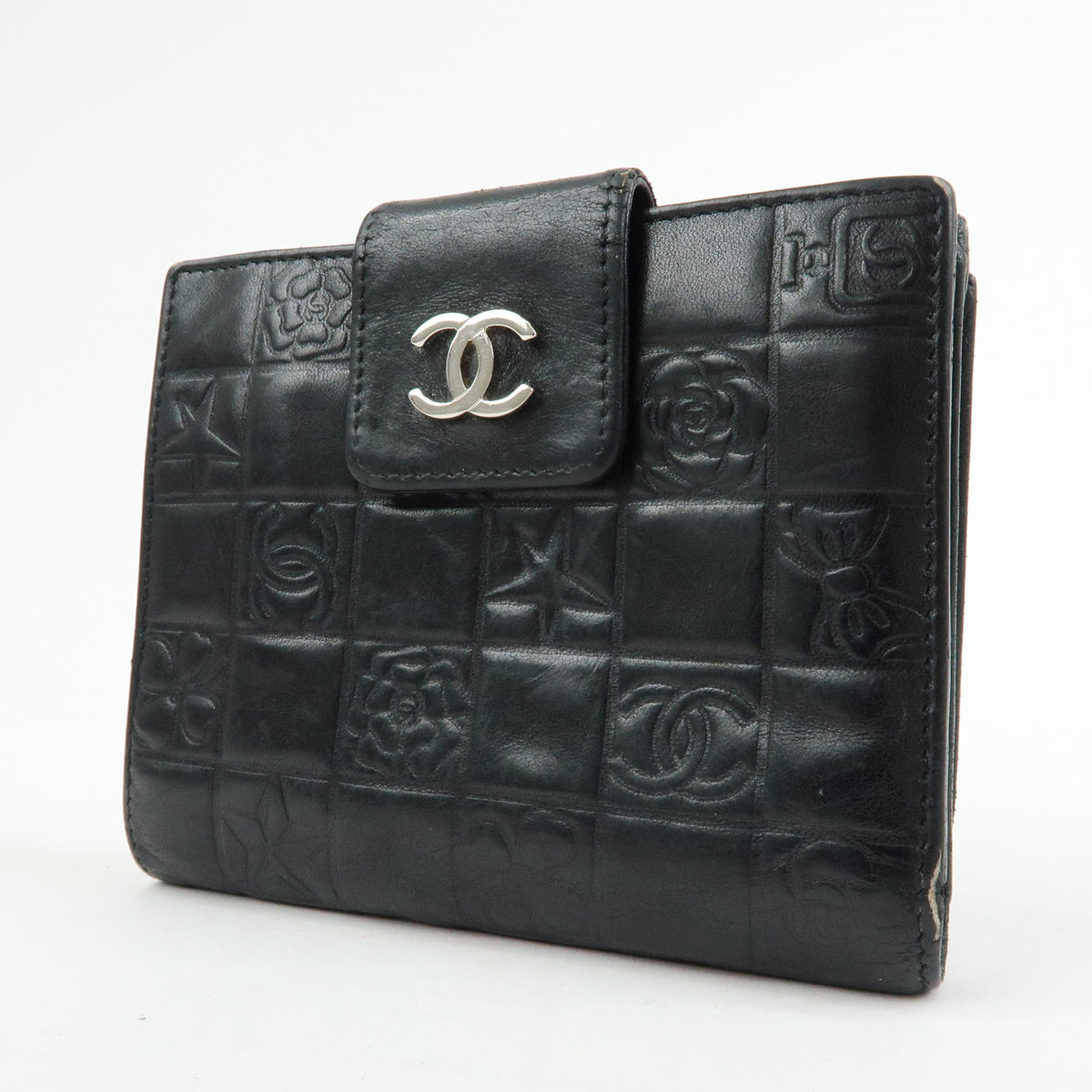CHANEL Icon Line COCO Mark Lamb Skin W Hook Compact Wallet Black