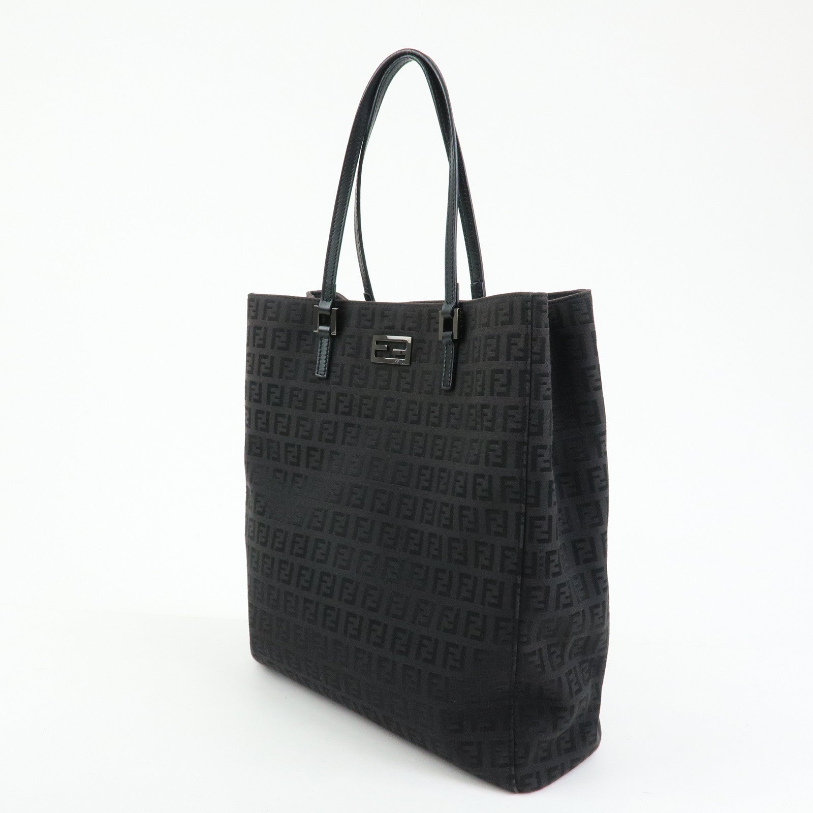 FENDI Zucchino Canvas Leather Tote Hand Bag Black 8BH131