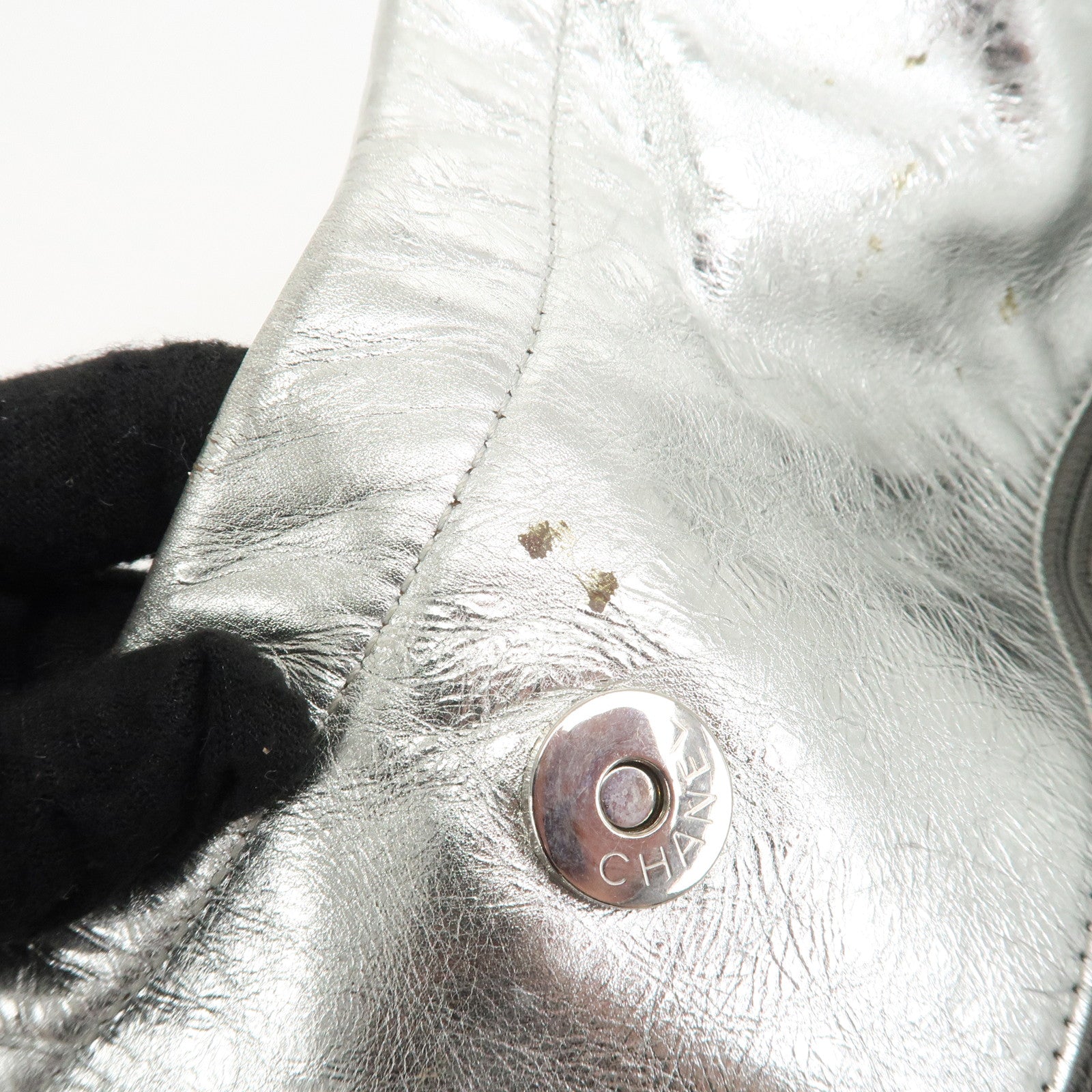 CHANEL Maxi COCO Mark Punching Leather Tote Bag Shoulder Bag Silver Used