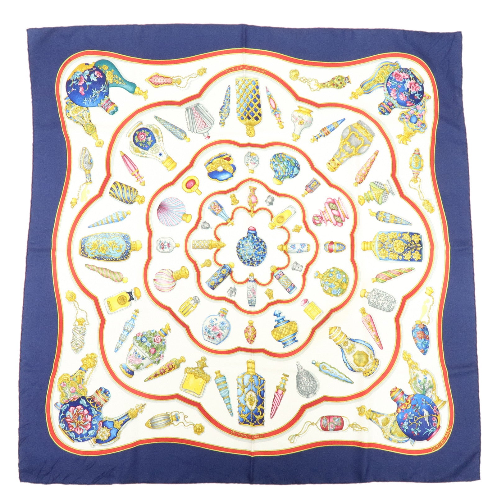 HERMES Carre 90 Silk 100% Scarf Qu'importe le flacon Navy White