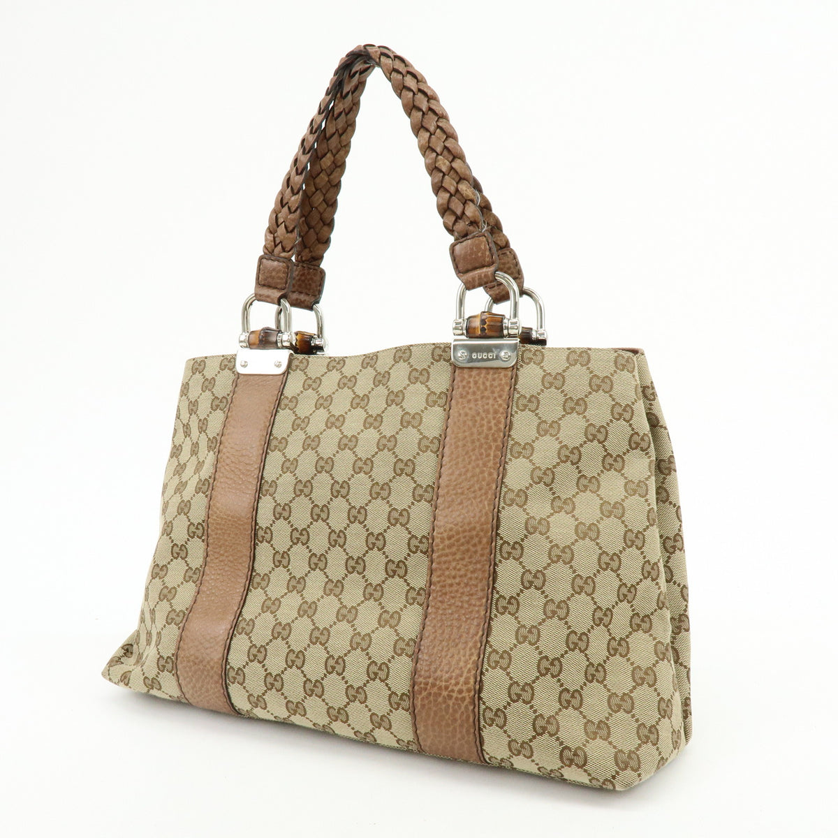 GUCCI Bamboo GG Canvas Leather Tote Bag Hand Bag Beige Brown 232947