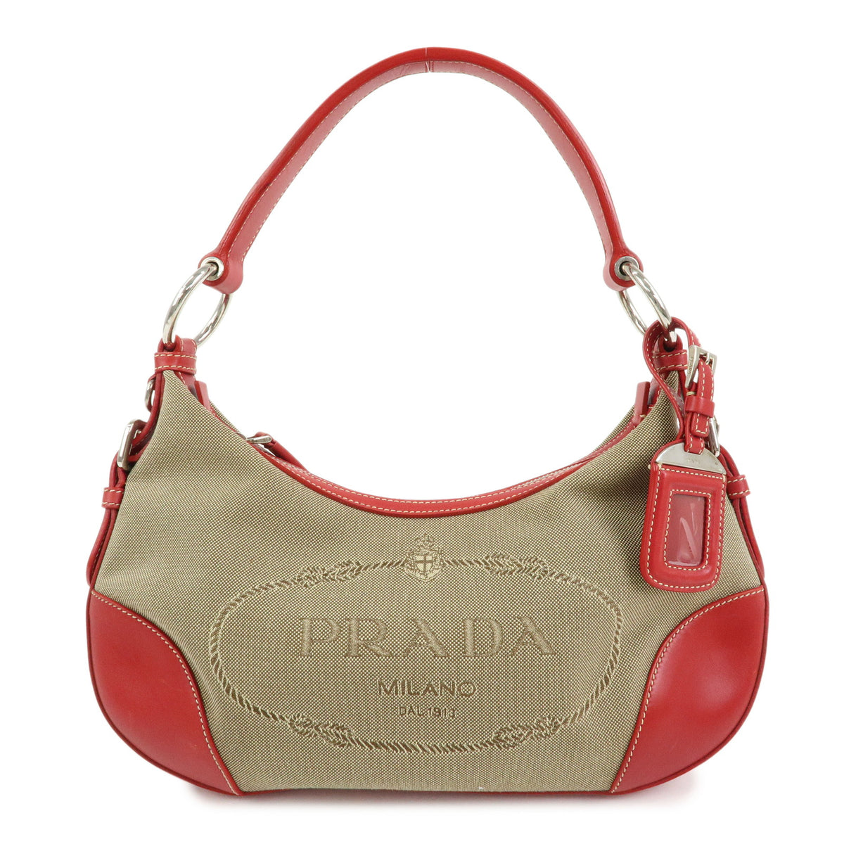 PRADA Logo Jacquard Leather Shoulder Bag Hand Bag Beige Red BR3429