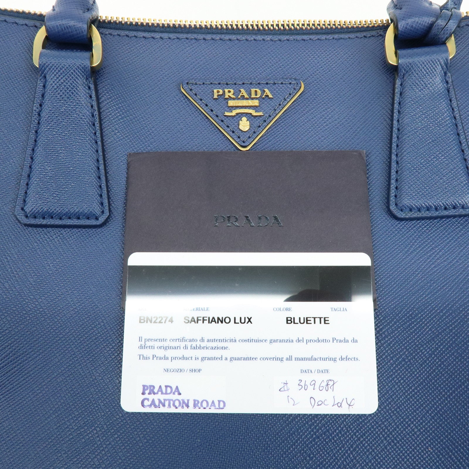 PRADA Galleria Triangle Log Saffiano Leather 2Way Hand Bag Blue BN2274