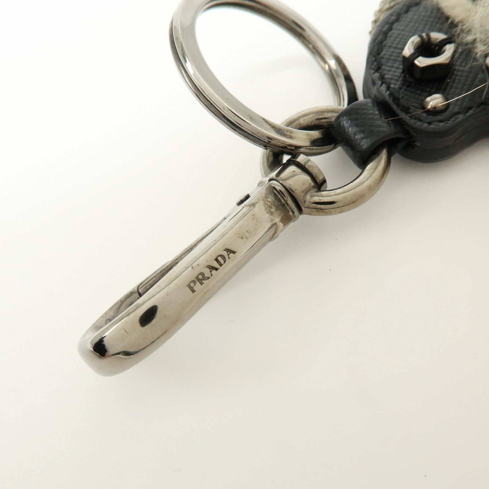 PRADA Triangle Log Saffiano Leather Fur Bag Charm Key Charm Beige