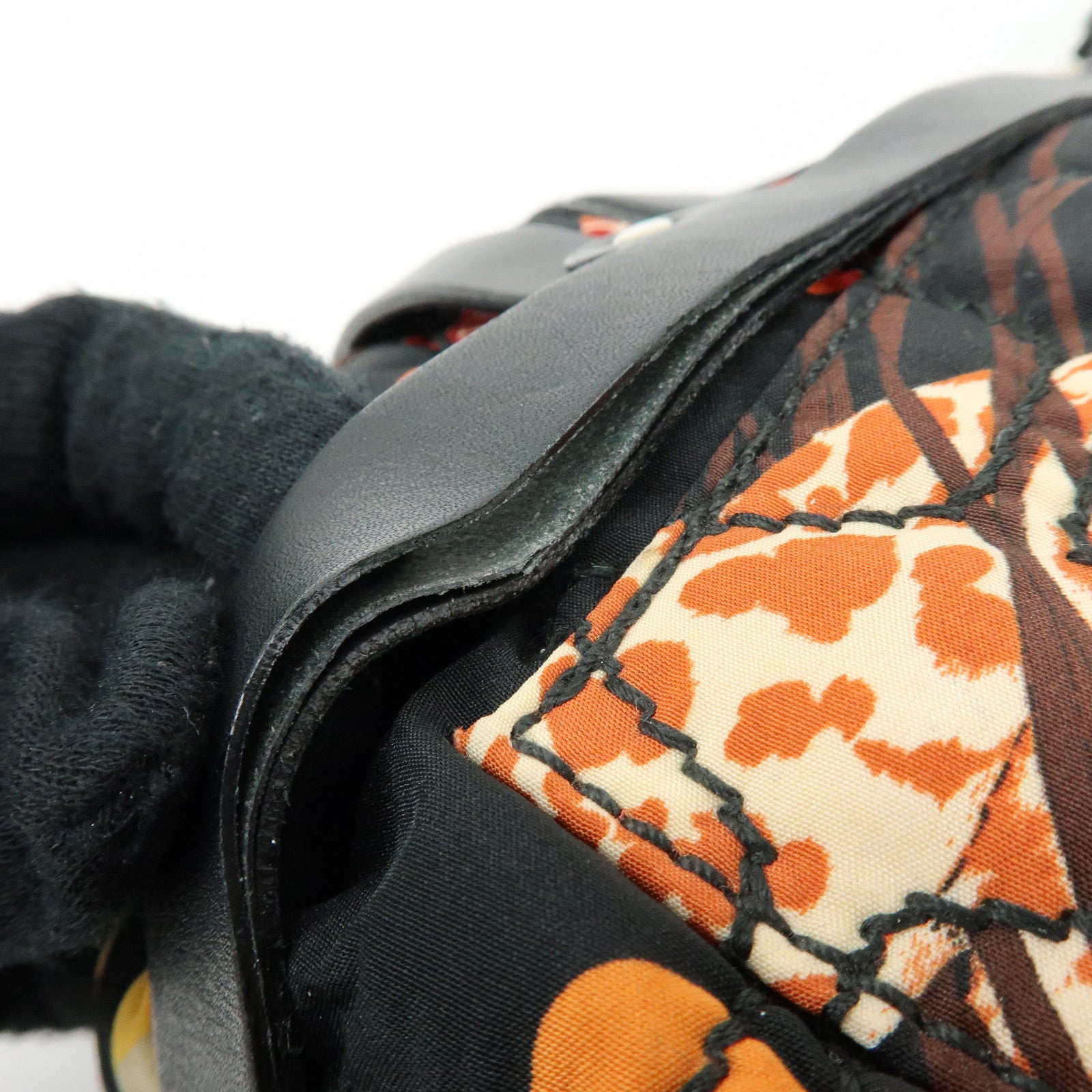Ferragamo Nylon Quilting Leather Hand Bag Animalier Black Multicolor