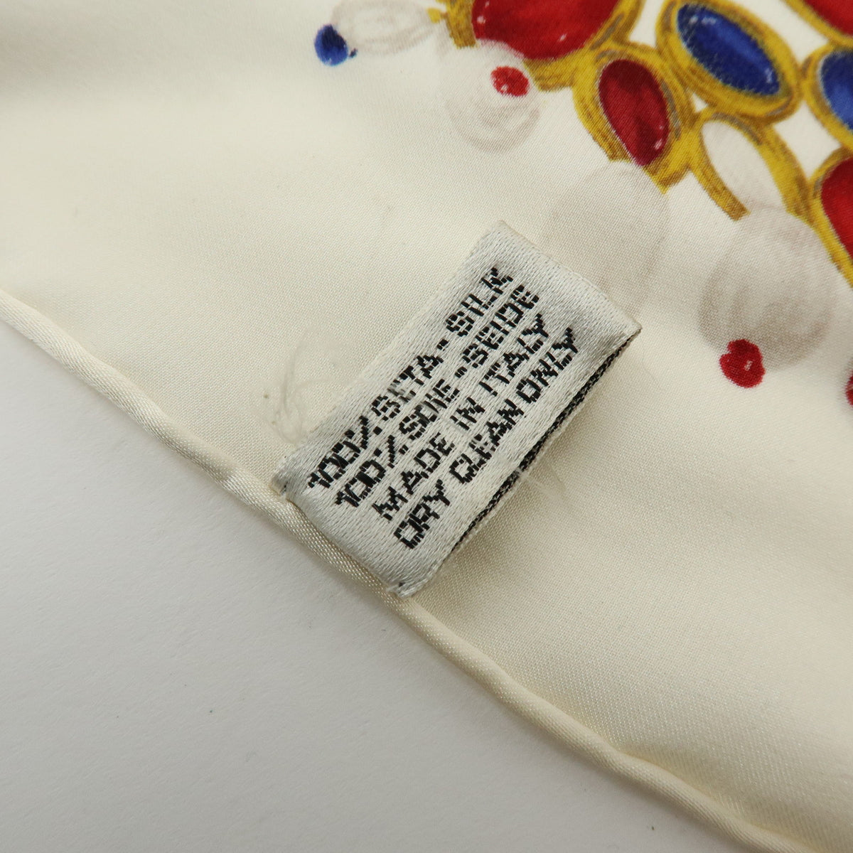 CHANEL COCO Mark Silk 100% Scarf Pearl Jewerly Motif White Red Blue