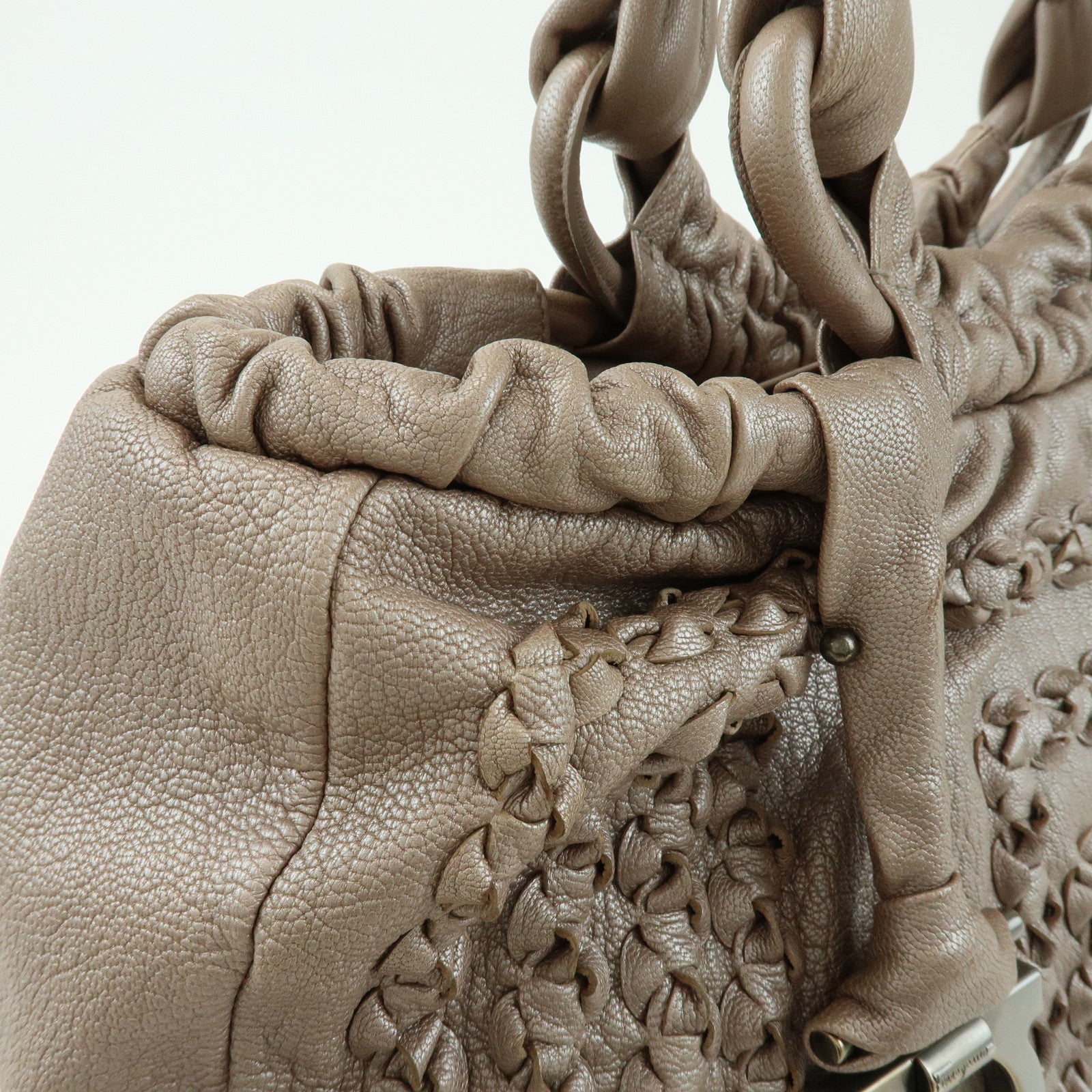 Ferragamo Gancini Leather Hand Bag Shoulder Bag Braid Pink Beige