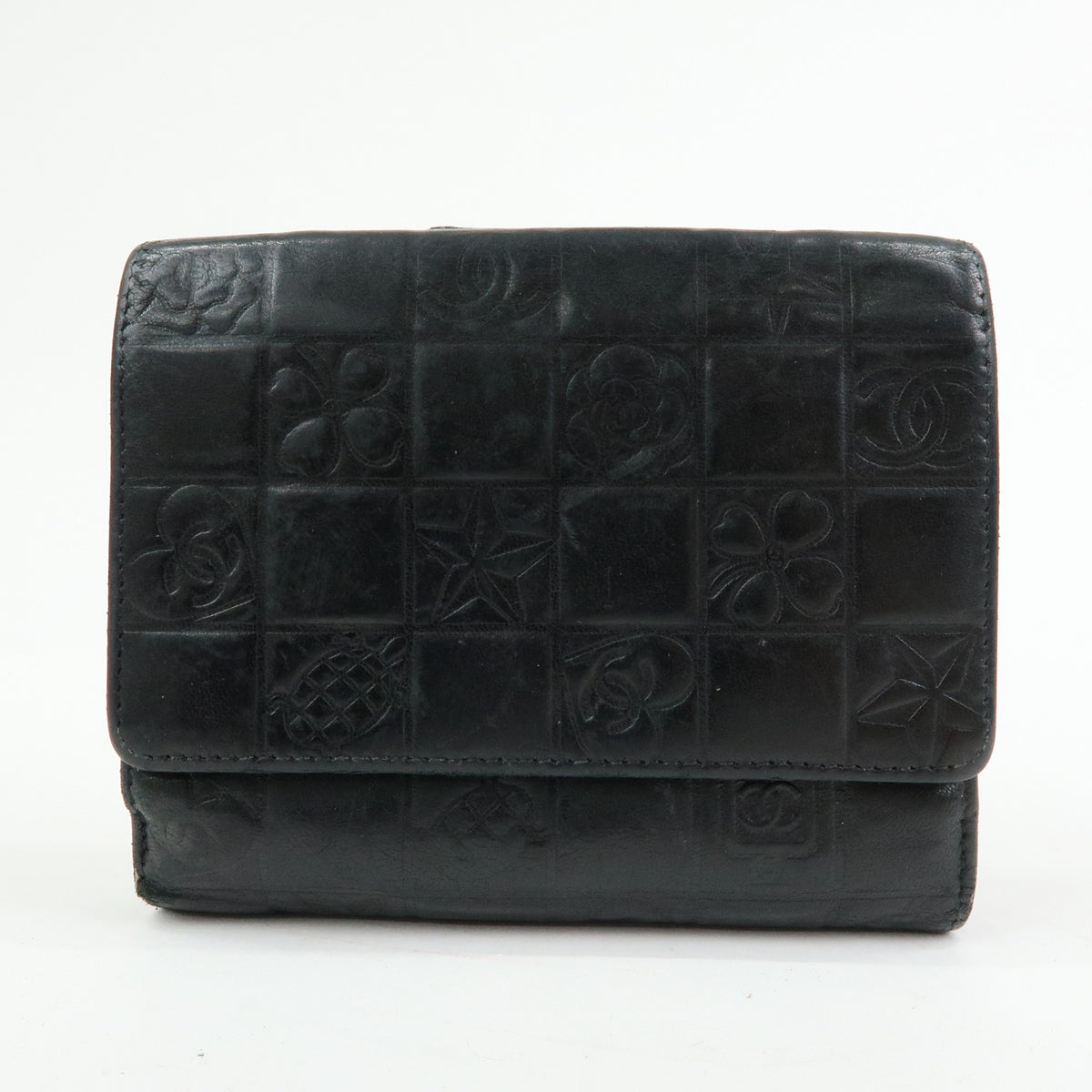 CHANEL Icon Line COCO Mark Lamb Skin W Hook Compact Wallet Black