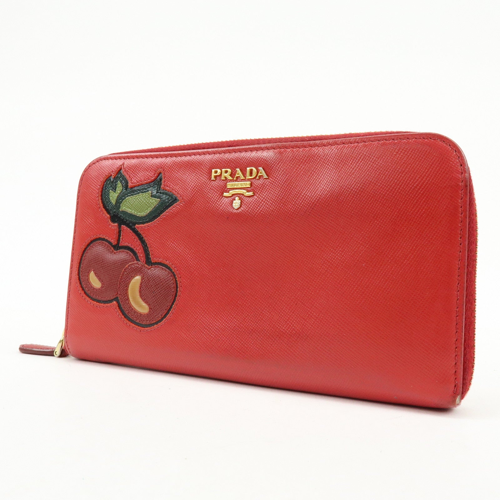 PRADA Saffiano Leather Cherry Round Zippy Long Wallet Red